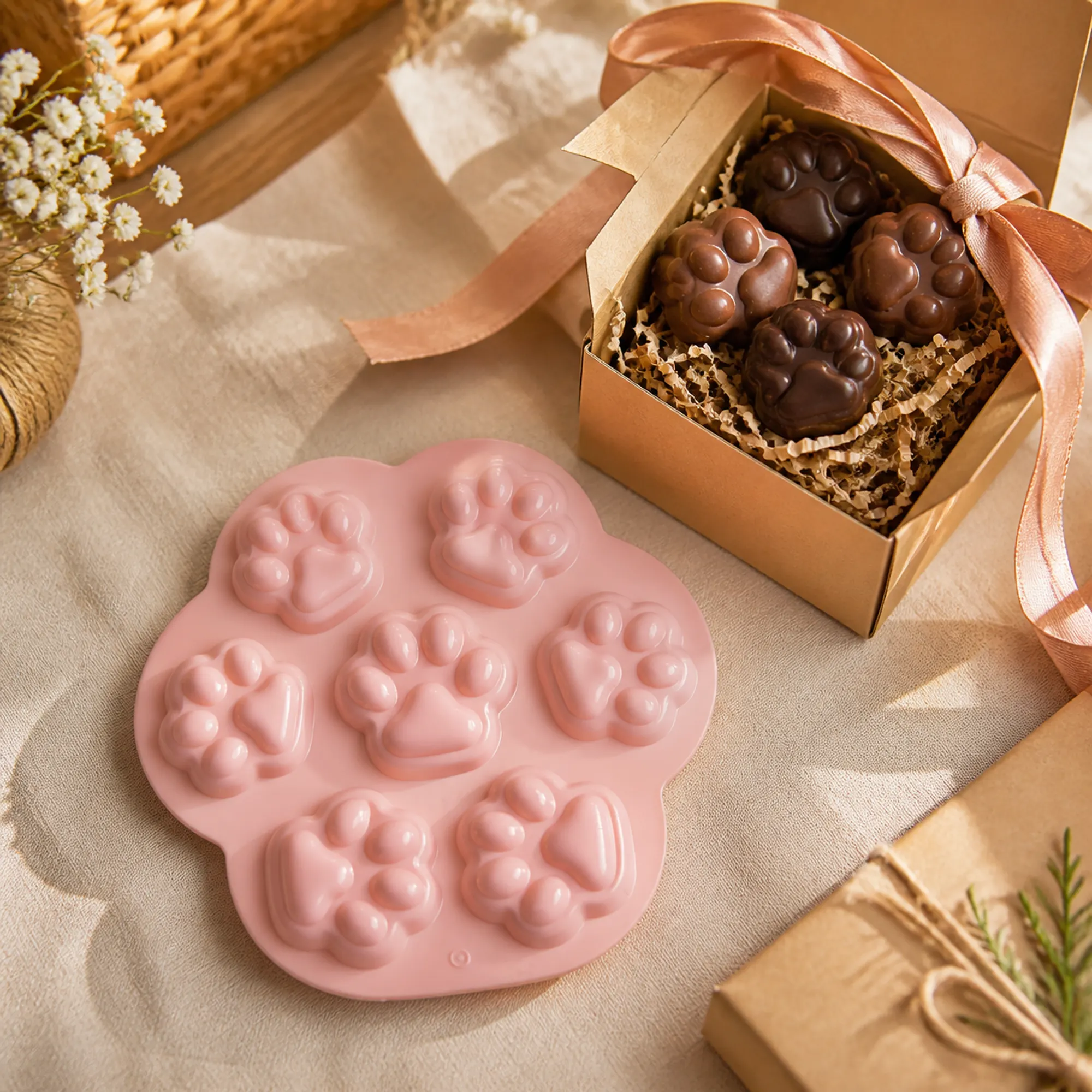 Molde rosado de huellas junto a chocolates preparados para regalo