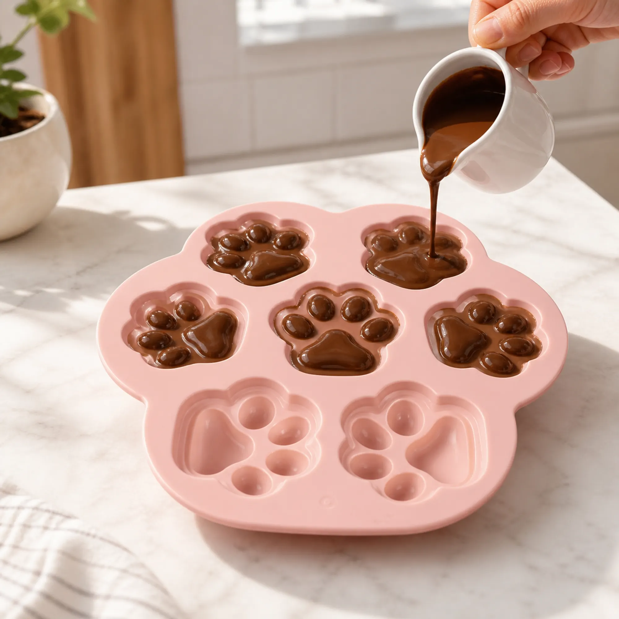 Molde rosado de huellas con chocolate derretido durante el llenado