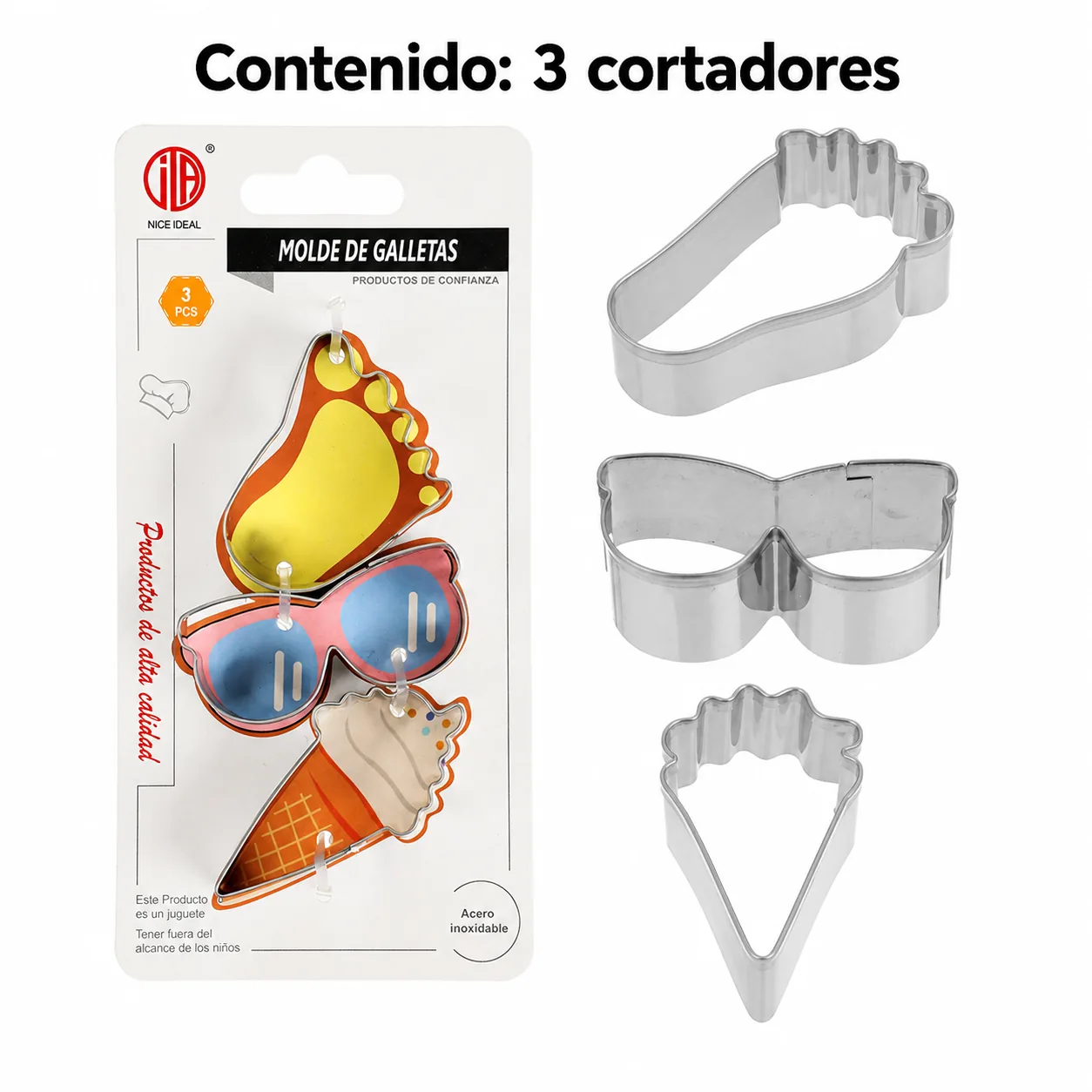 Contenido del paquete con tres cortadores de galletas de verano
