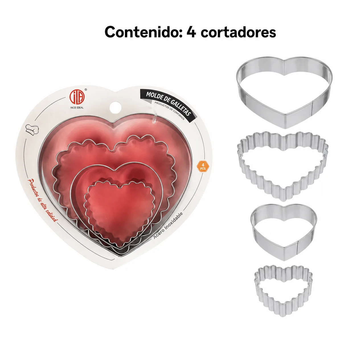 Contenido del paquete con cuatro cortadores de corazón de acero inoxidable