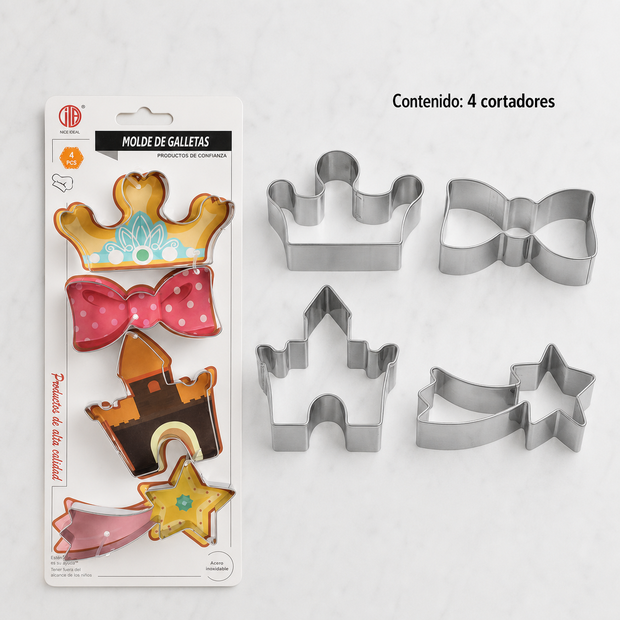 Contenido del paquete con cuatro cortadores de galletas de acero inoxidable