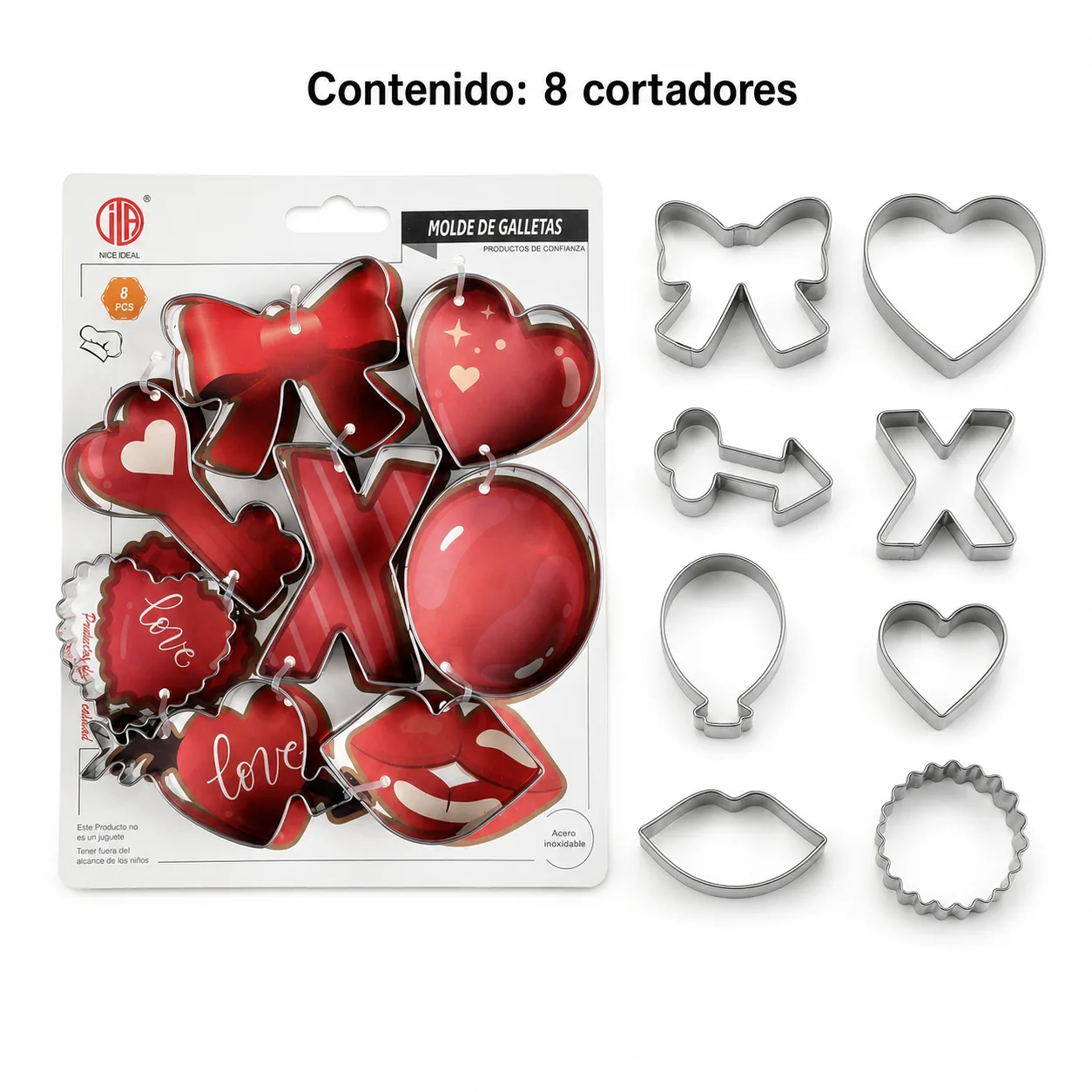 Contenido del paquete con 8 cortadores de galletas románticos