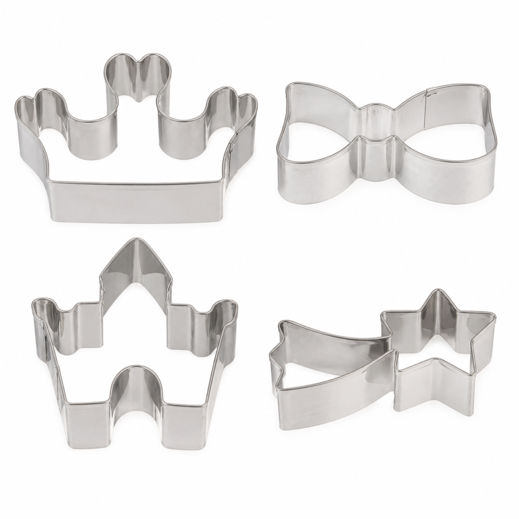 Set de 4 cortadores de galletas de acero inoxidable con corona, lazo, castillo y estrella fugaz