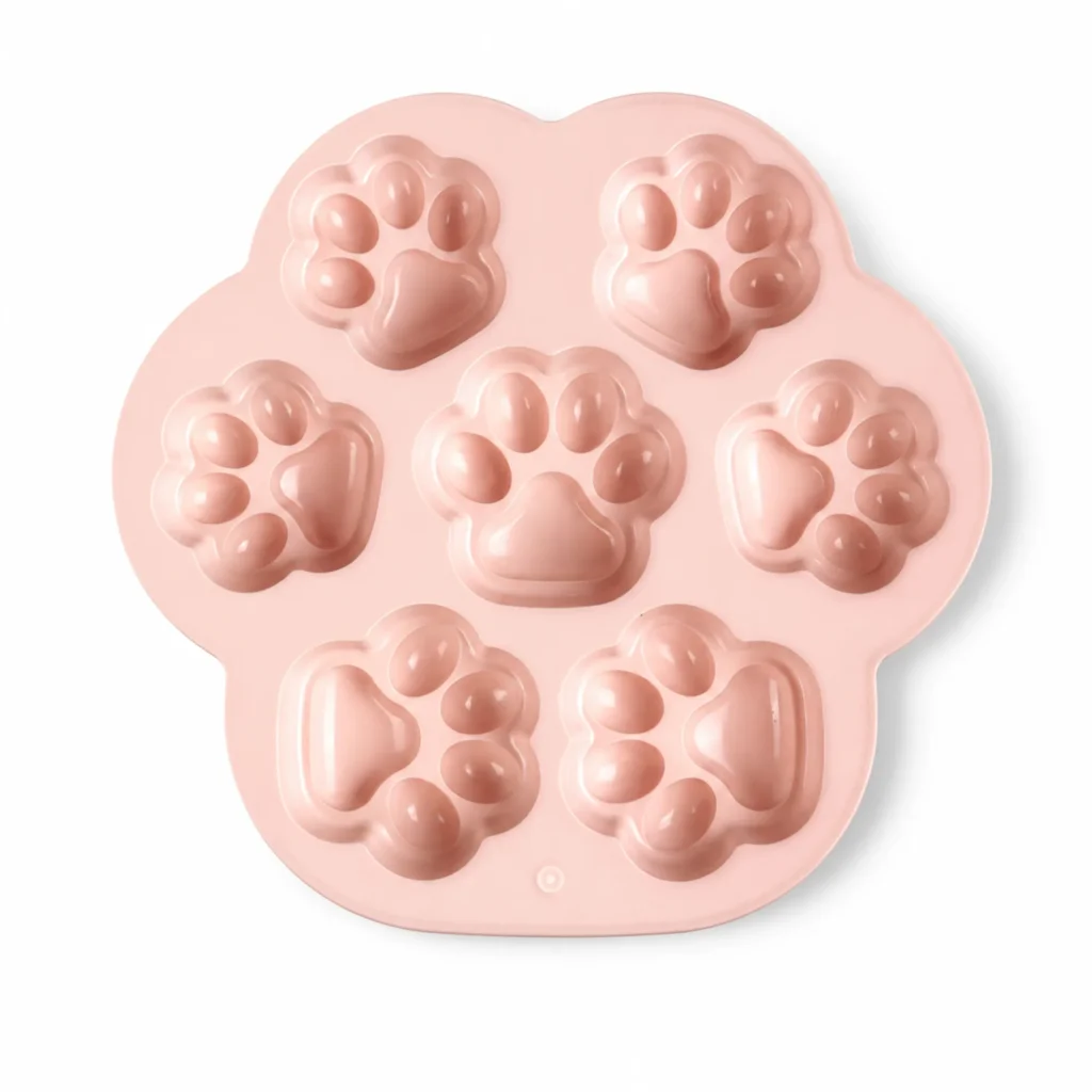 Molde de silicona rosado con 7 cavidades en forma de huella para chocolate y postres