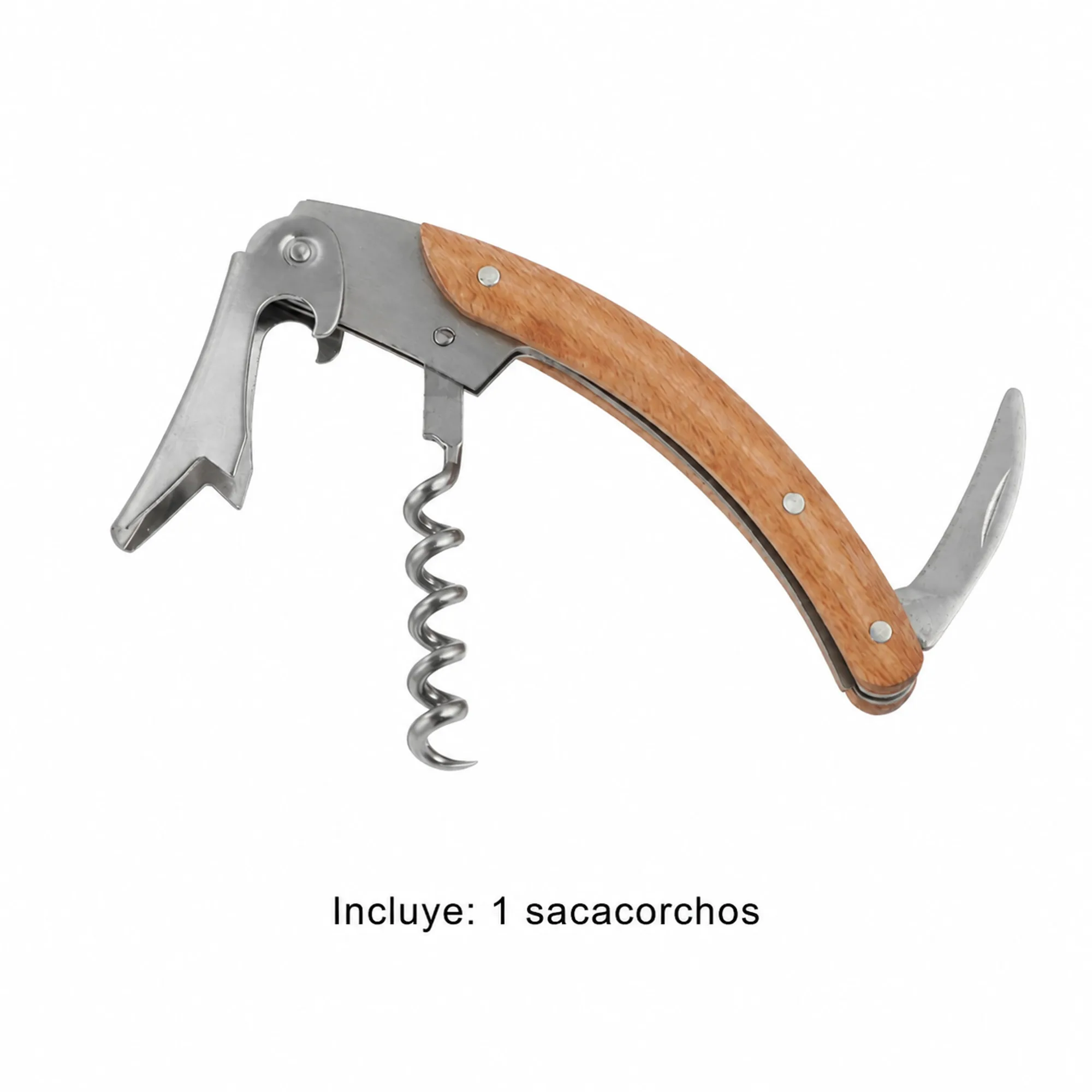 Contenido del paquete con un sacacorchos multifunción de mango de madera