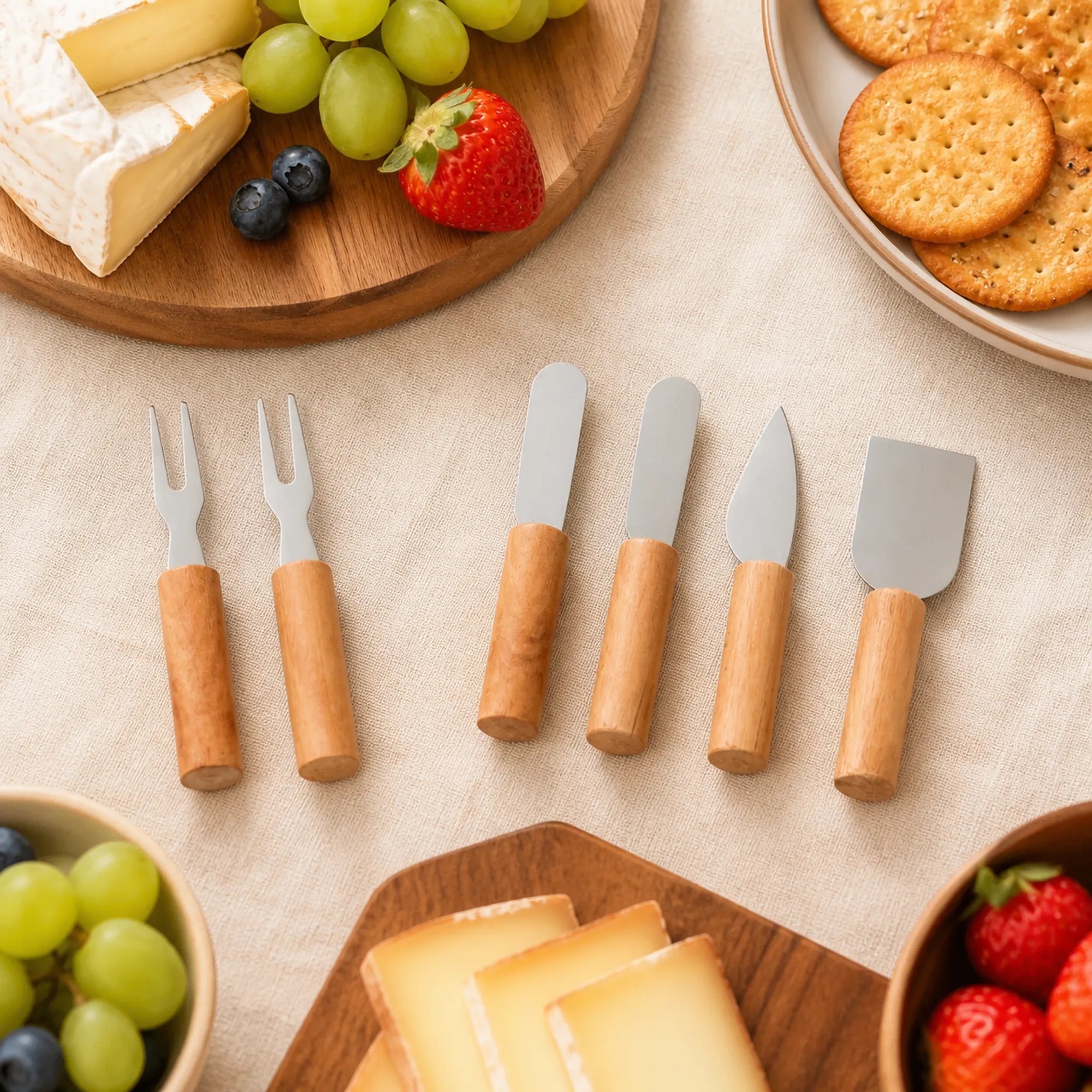 Set de dos tenedores y cuatro esparcidores junto a una tabla de queso