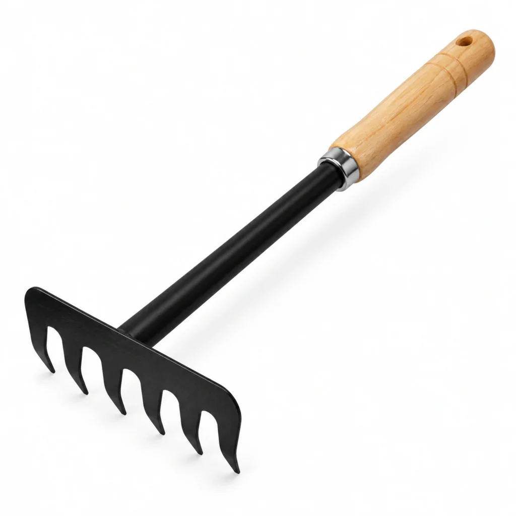 Rastrillo manual negro de cinco dientes con mango de madera sobre fondo blanco.