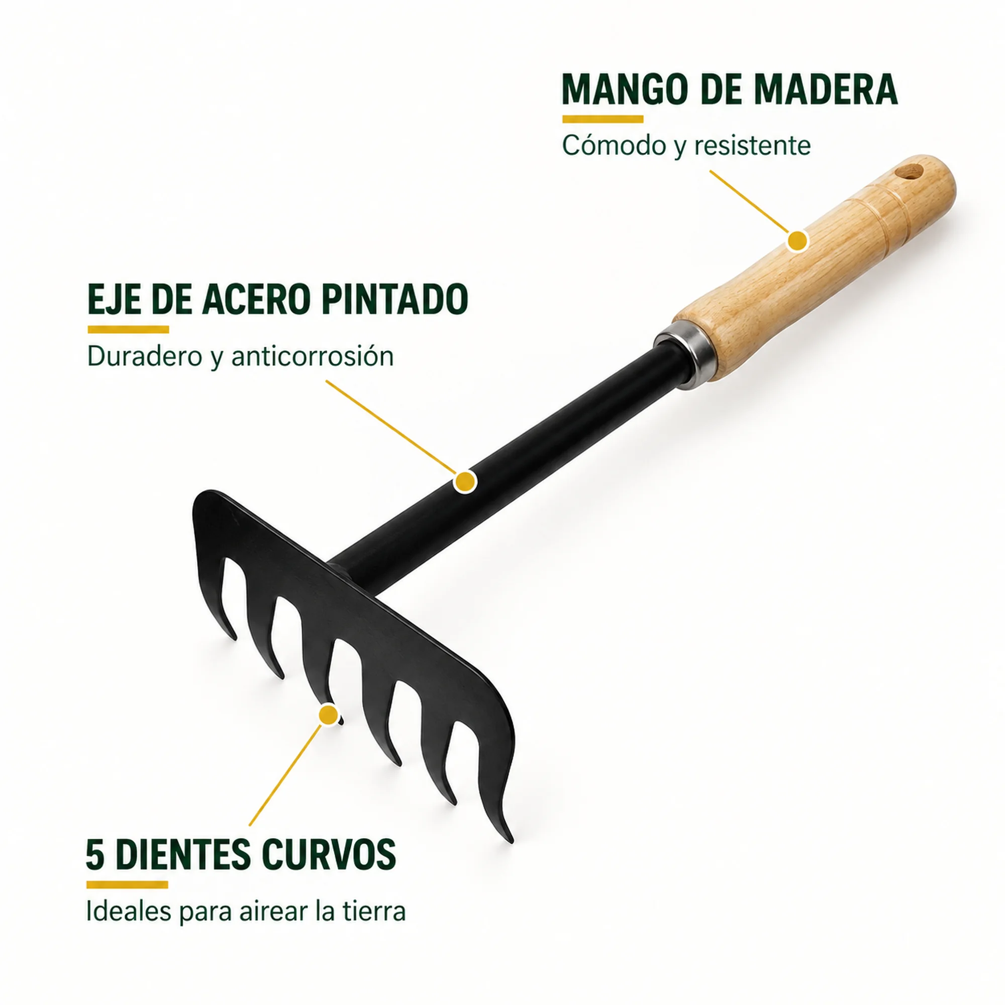 Detalles del rastrillo con mango de madera, eje de acero pintado y cinco dientes curvos.