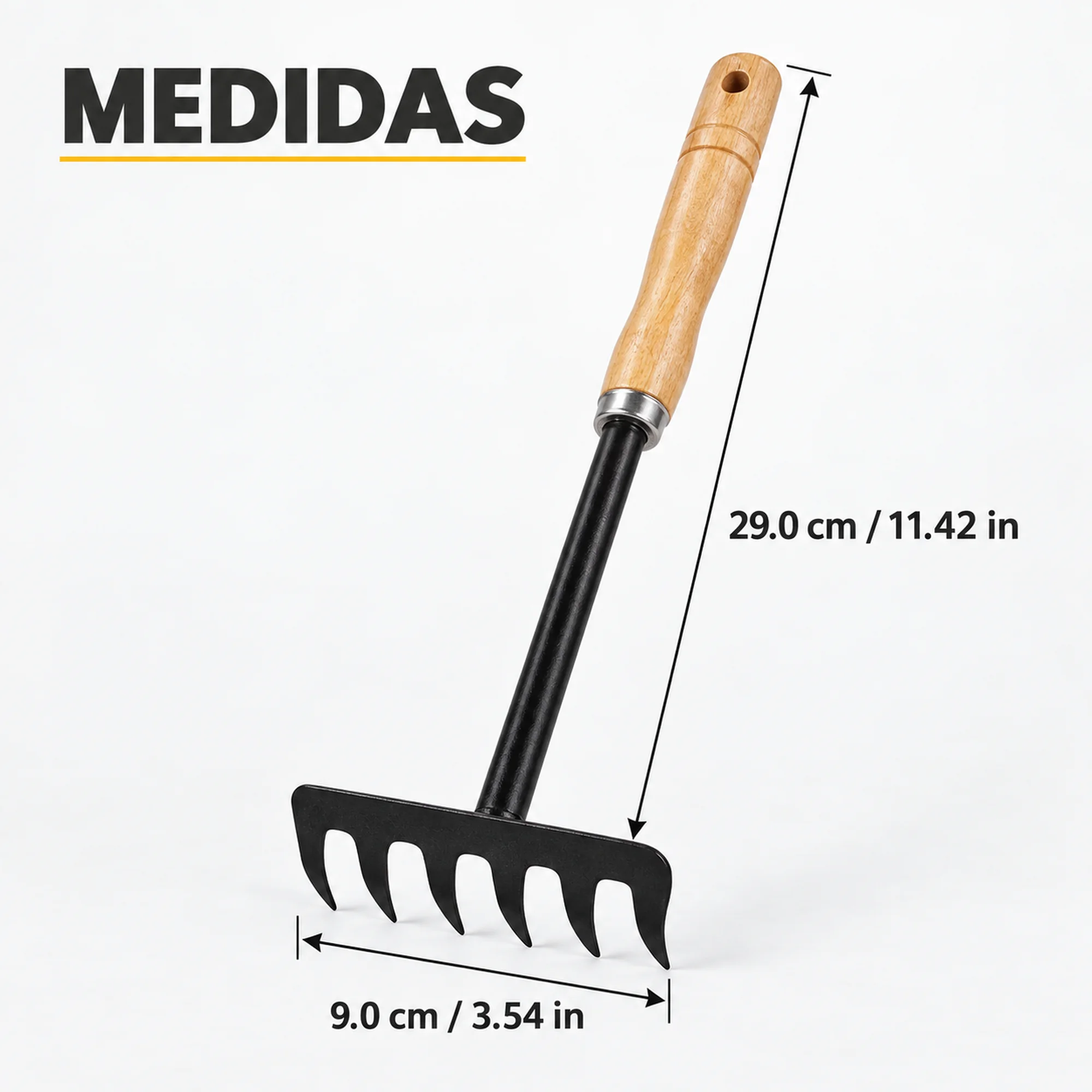 Medidas del rastrillo manual: 29 cm de largo y 9 cm de ancho.