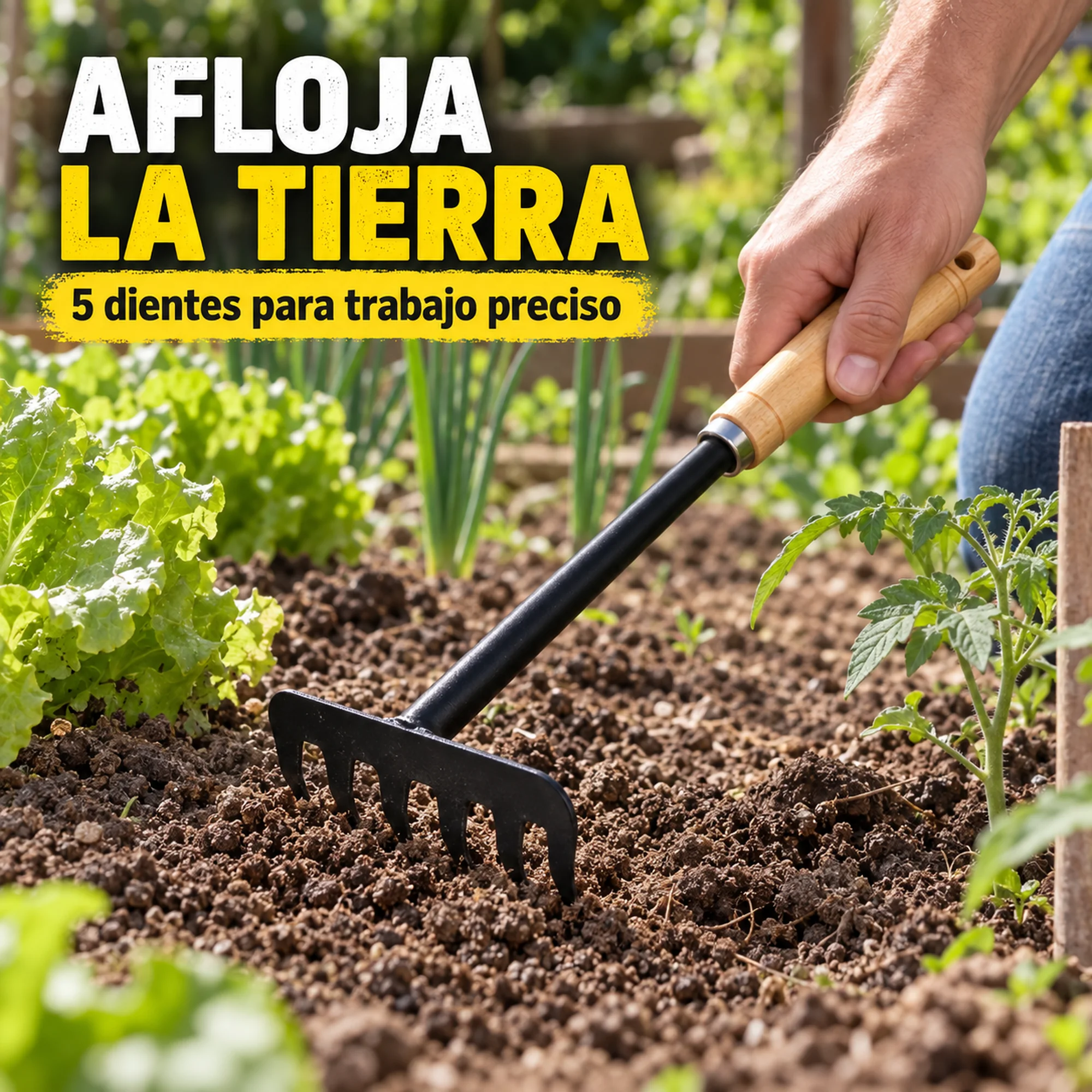 Rastrillo de cinco dientes aflojando tierra con precisión entre plantas.