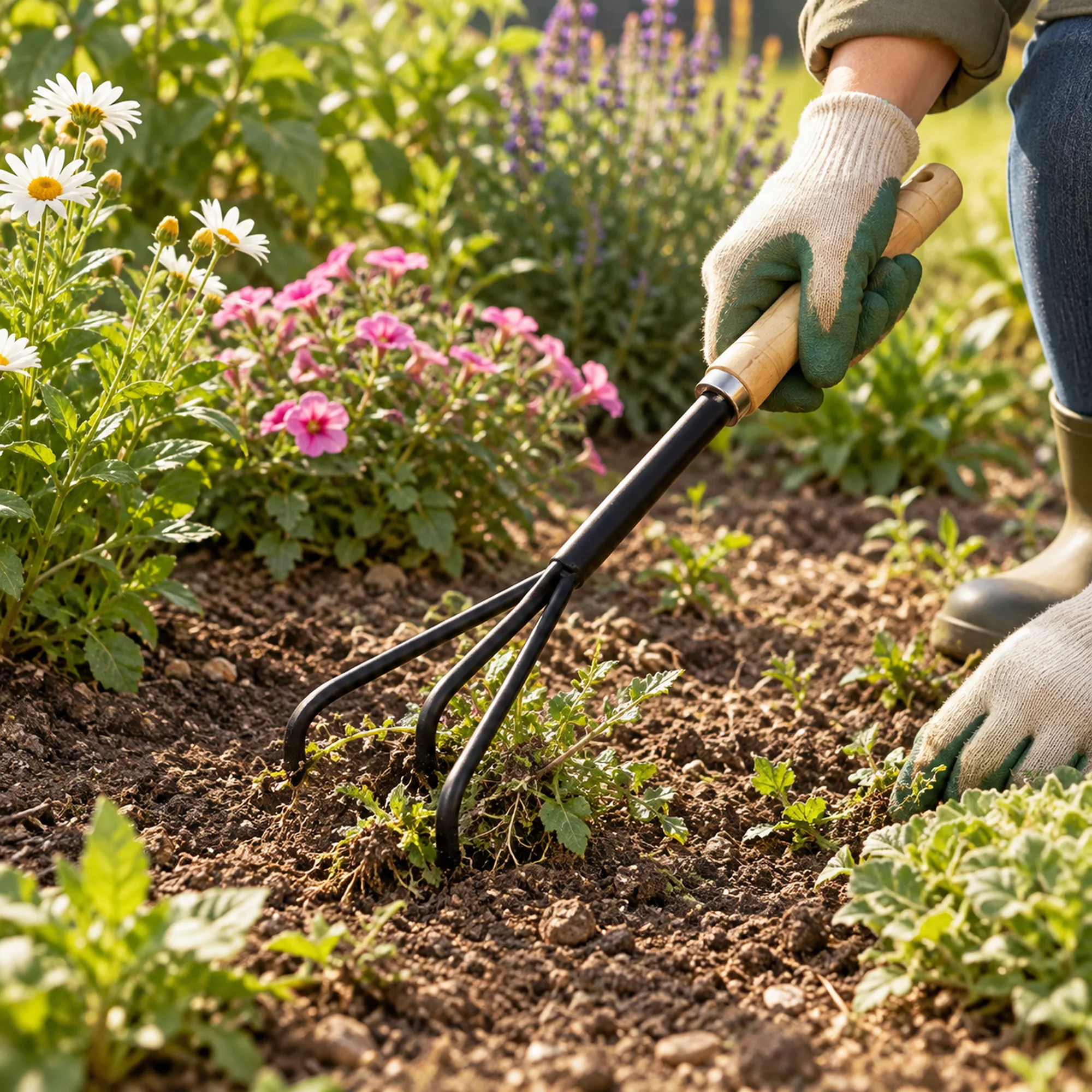 Cultivador manual levantando malezas superficiales junto a flores.