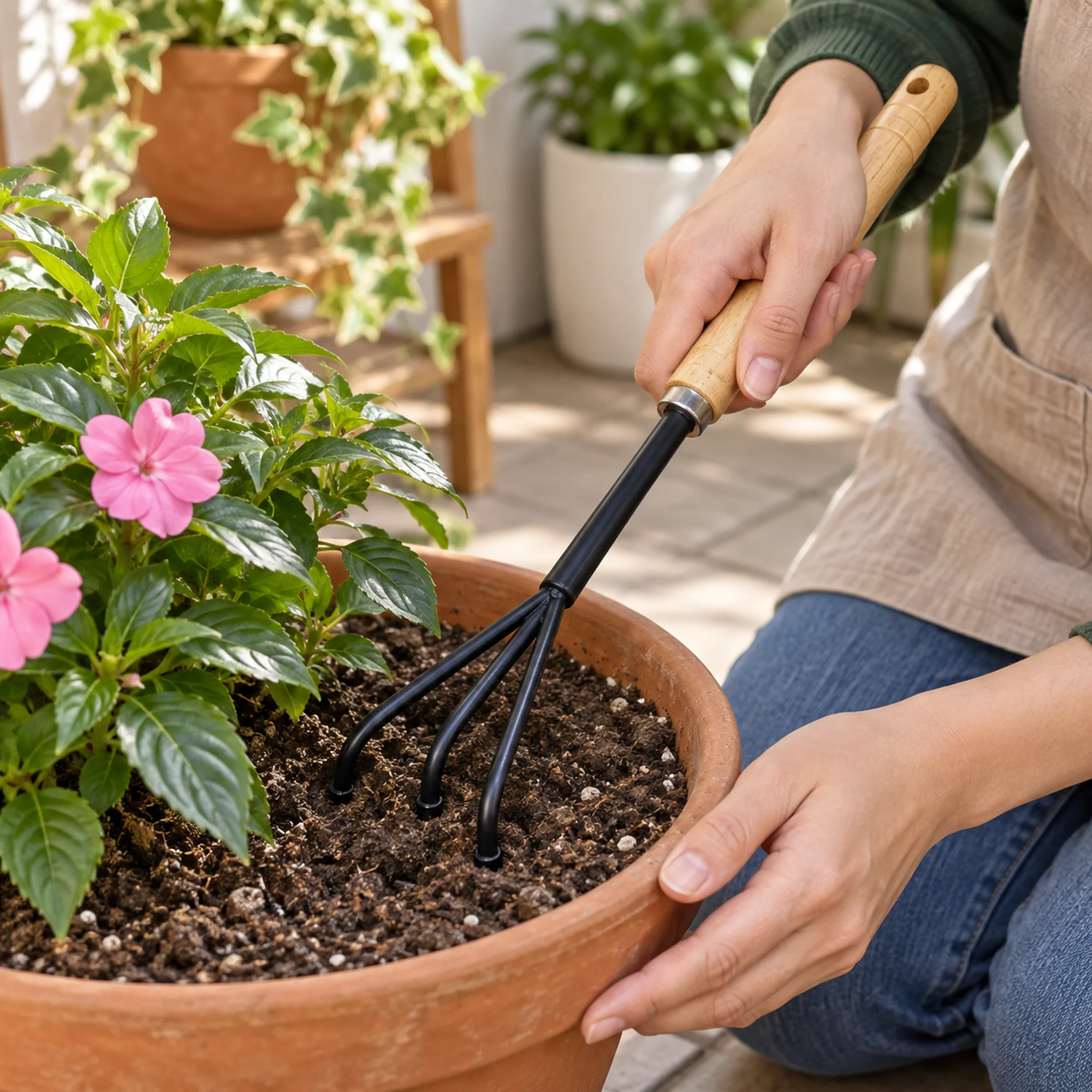 Cultivador de tres púas aireando la tierra de una maceta grande.