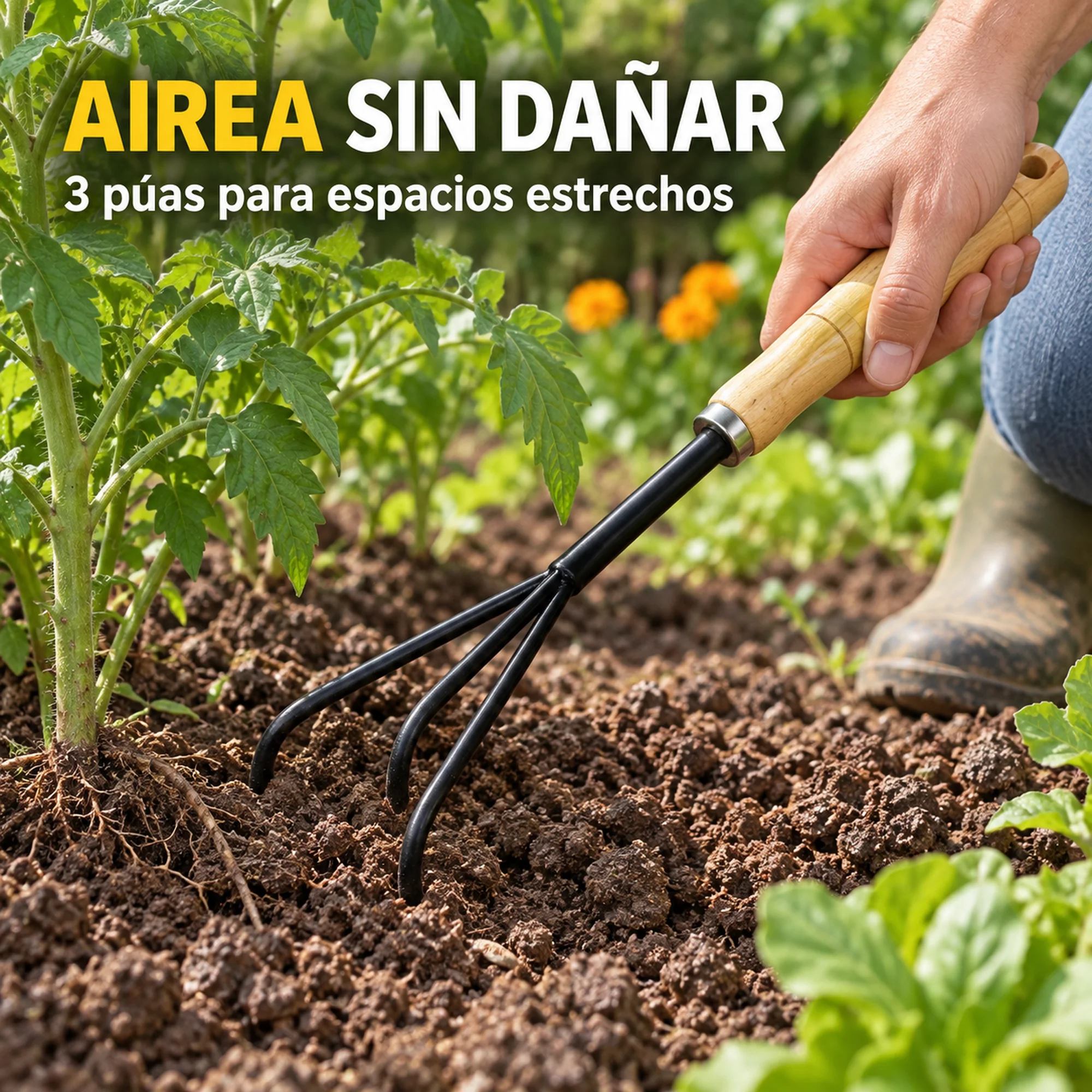 Cultivador de tres púas aireando tierra en un espacio estrecho junto a una planta.