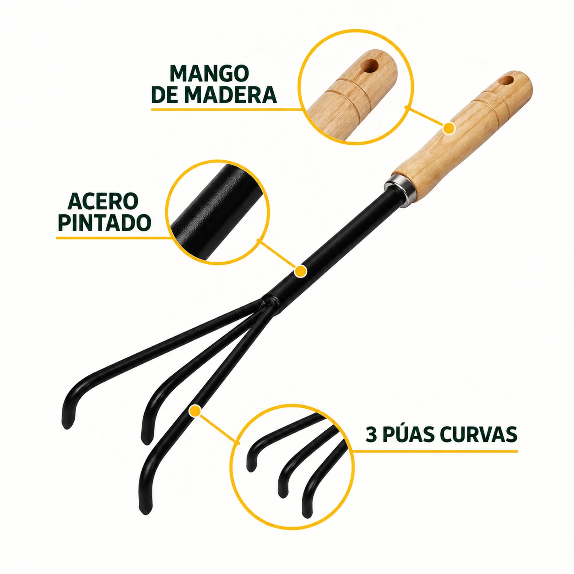 Detalles del cultivador con mango de madera, acero pintado y tres púas curvas.