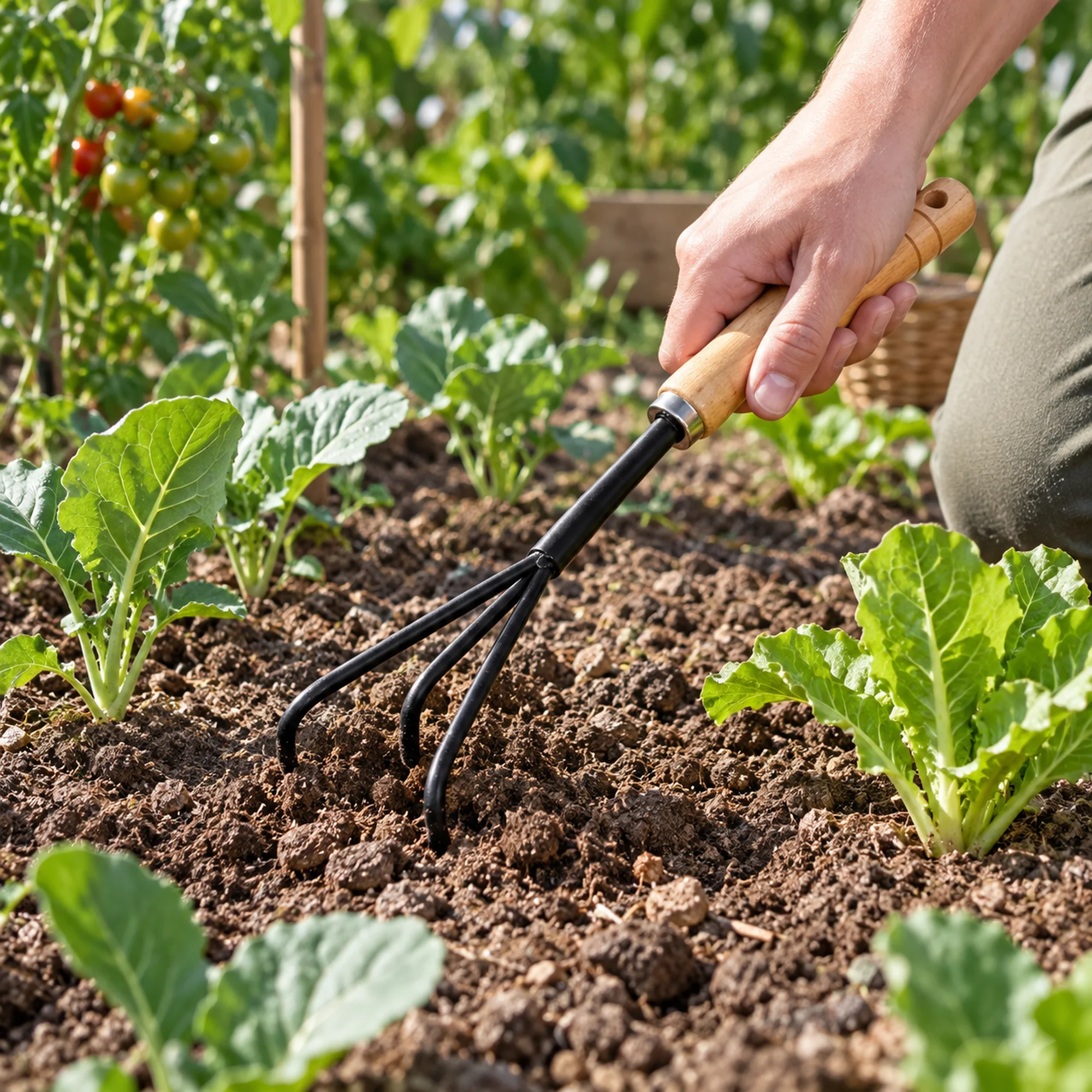 Cultivador manual aflojando tierra entre plántulas de hortalizas.