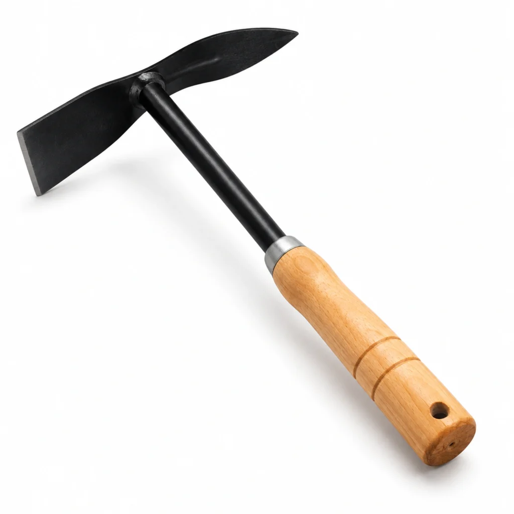 Azada manual negra con hoja plana, punta para cavar y mango de madera sobre fondo blanco.