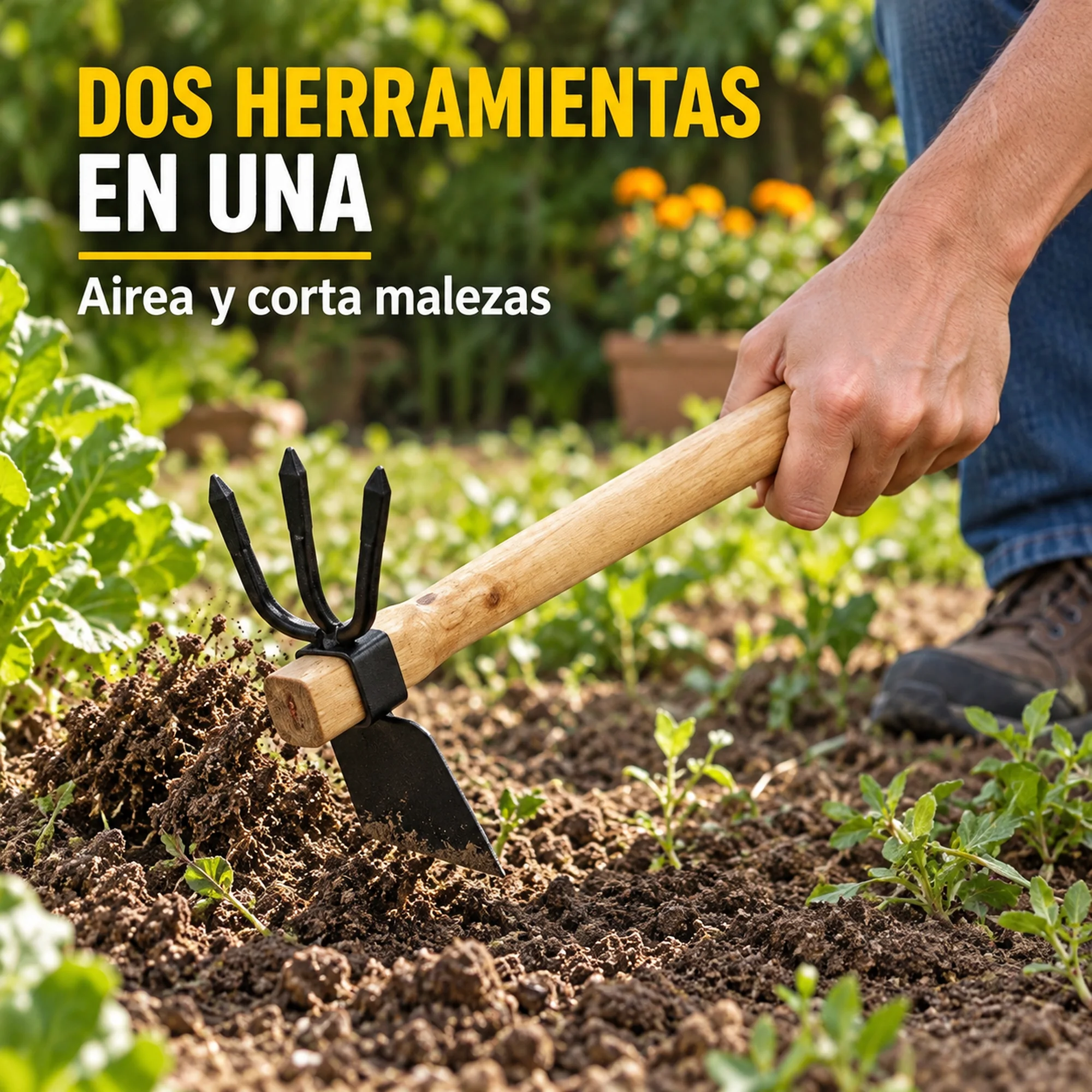 Azada de dos funciones aireando tierra y cortando malezas.