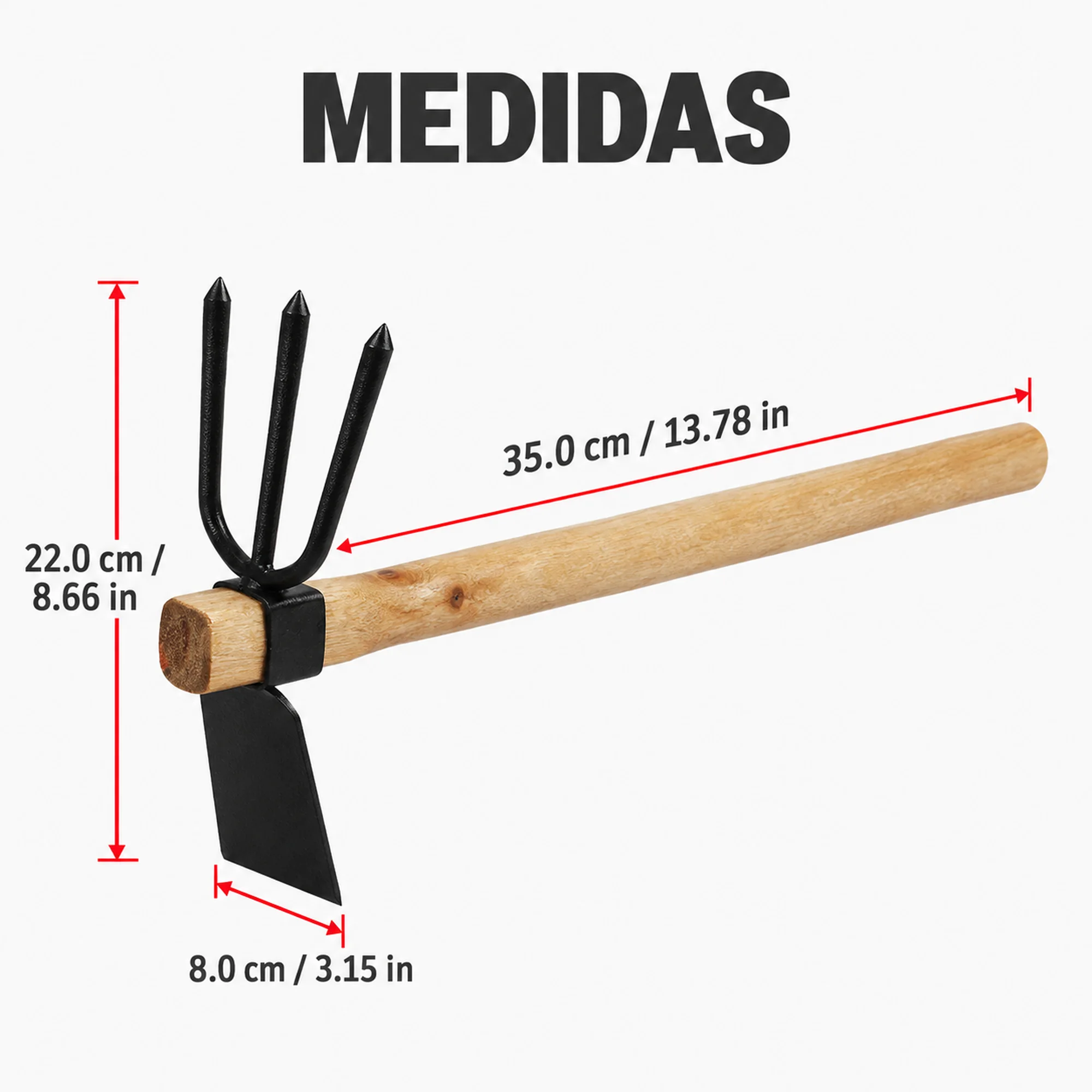 Medidas de la azada: 35 cm de largo, cabezal de 22 cm y hoja de 8 cm.