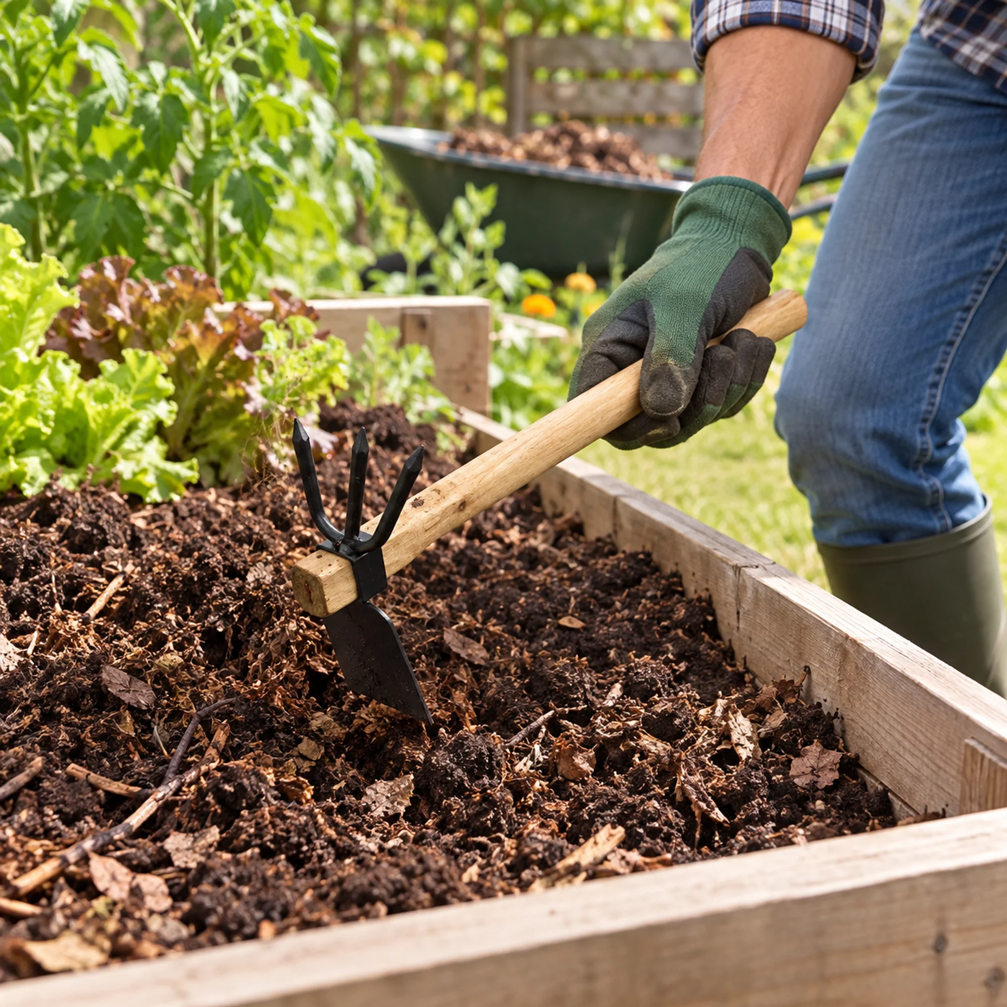 Cultivador de tres púas mezclando compost en un bancal elevado.