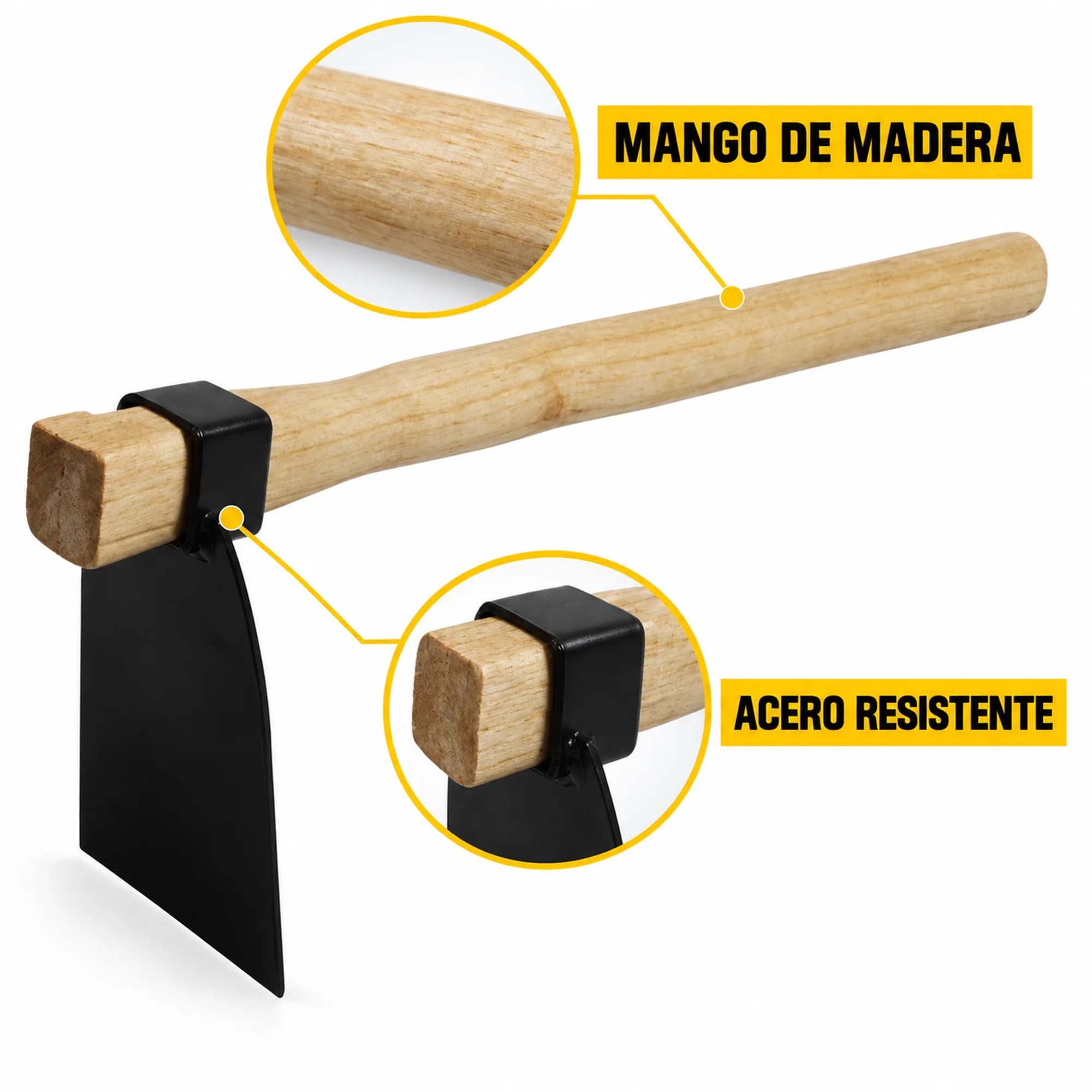 Detalles del mango de madera y la resistente cabeza de acero de la azada plana.