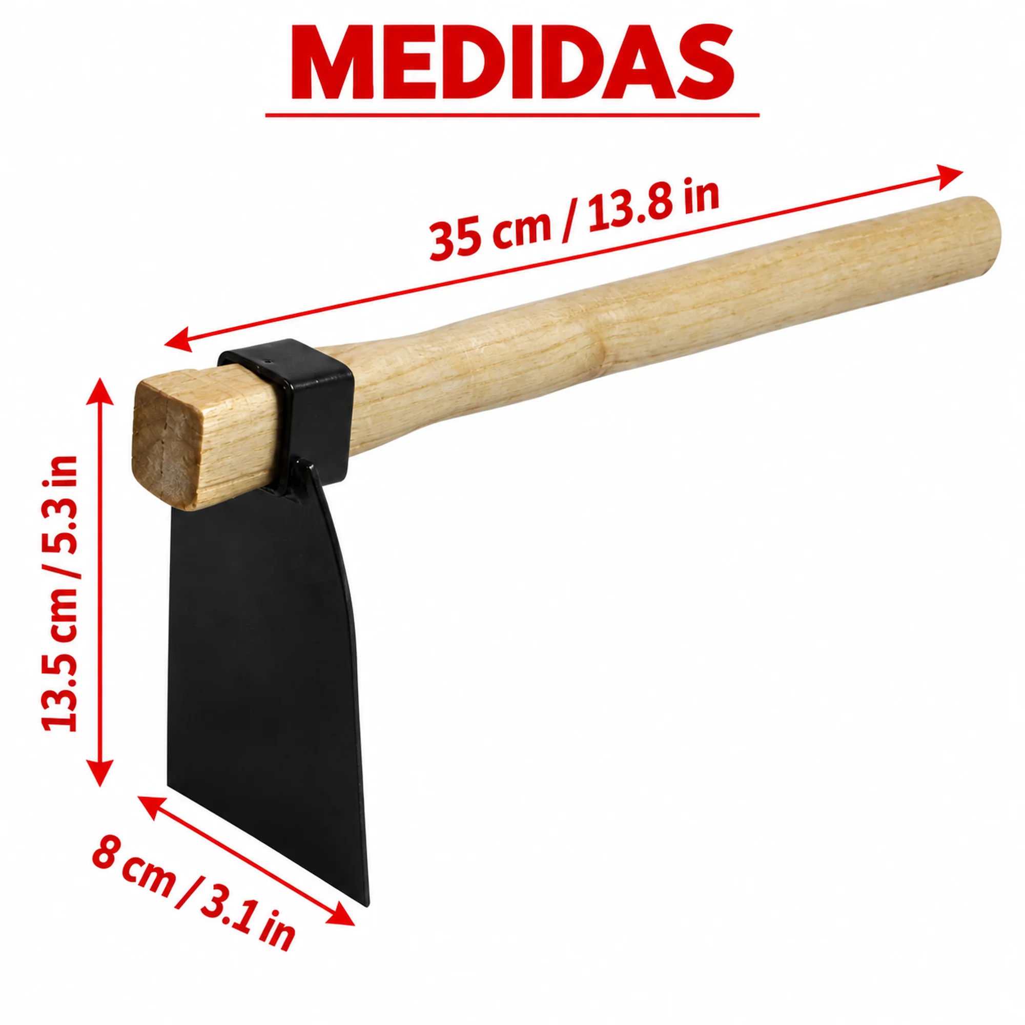 Medidas de la azada plana grande: mango de 35 cm y hoja de 13.5 por 8 cm.