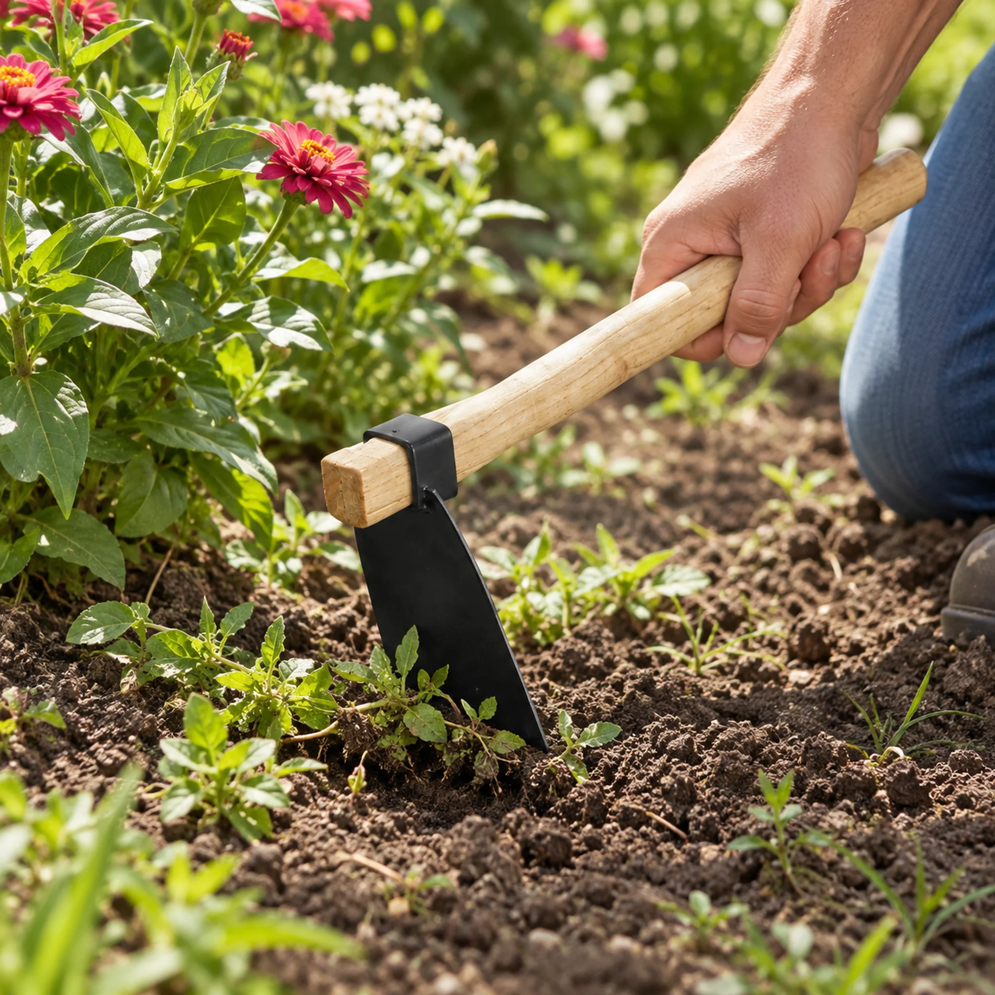 Uso de la azada plana para retirar malezas alrededor de flores.