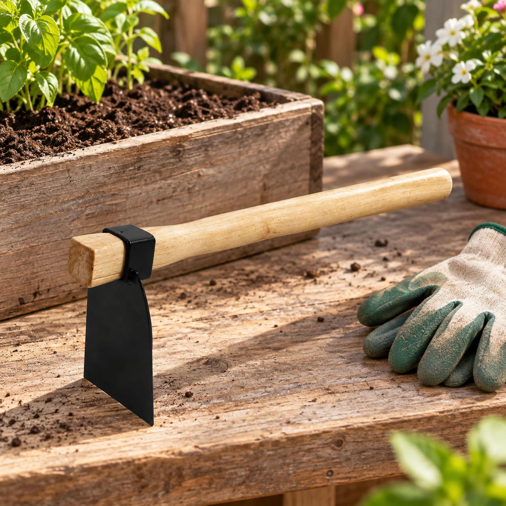Azada plana de mango de madera en una mesa de jardinería junto a una maceta.