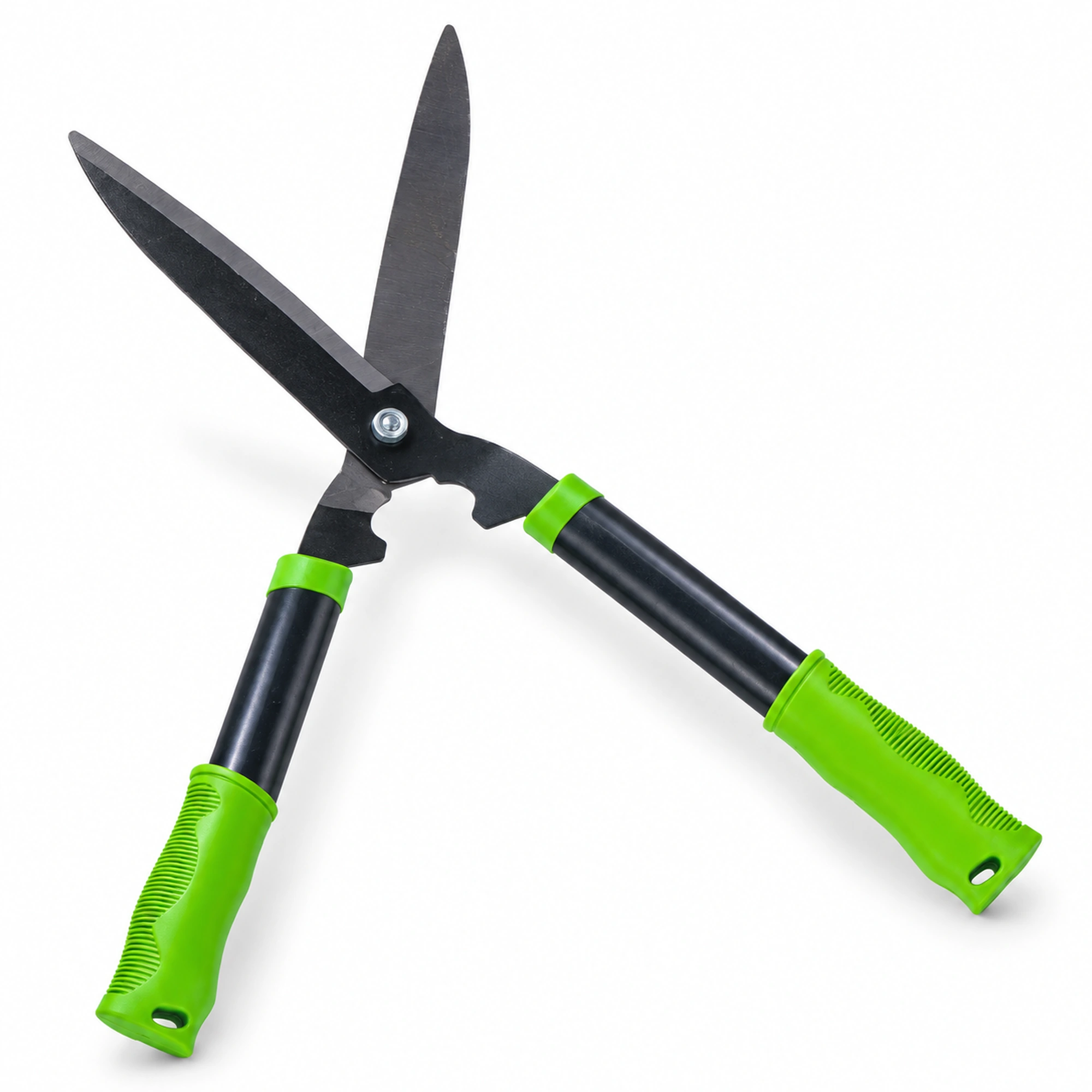 Tijeras compactas para setos con cuchillas negras y empuñaduras verdes sobre fondo blanco.