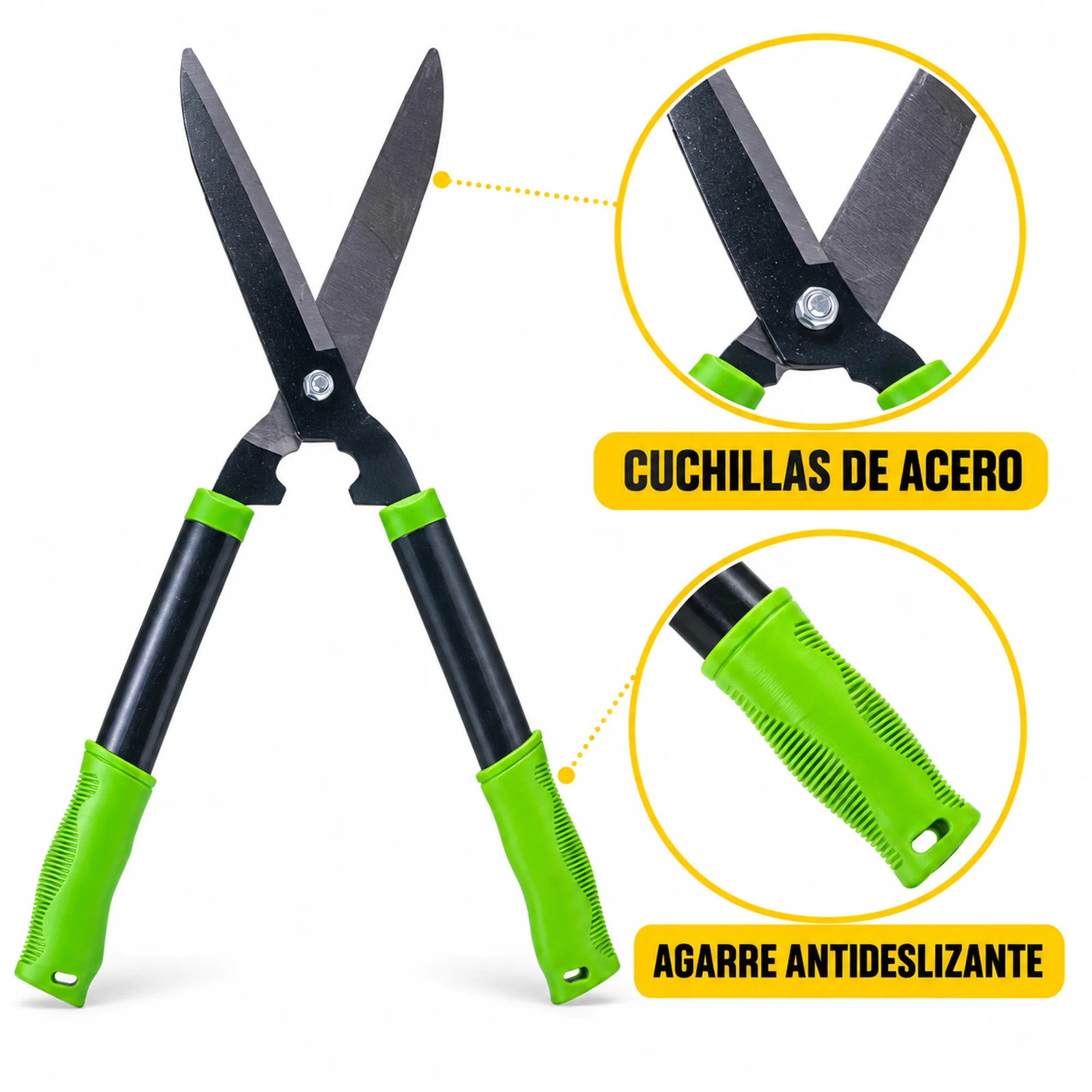 Detalles de las cuchillas de acero y los agarres antideslizantes verdes.