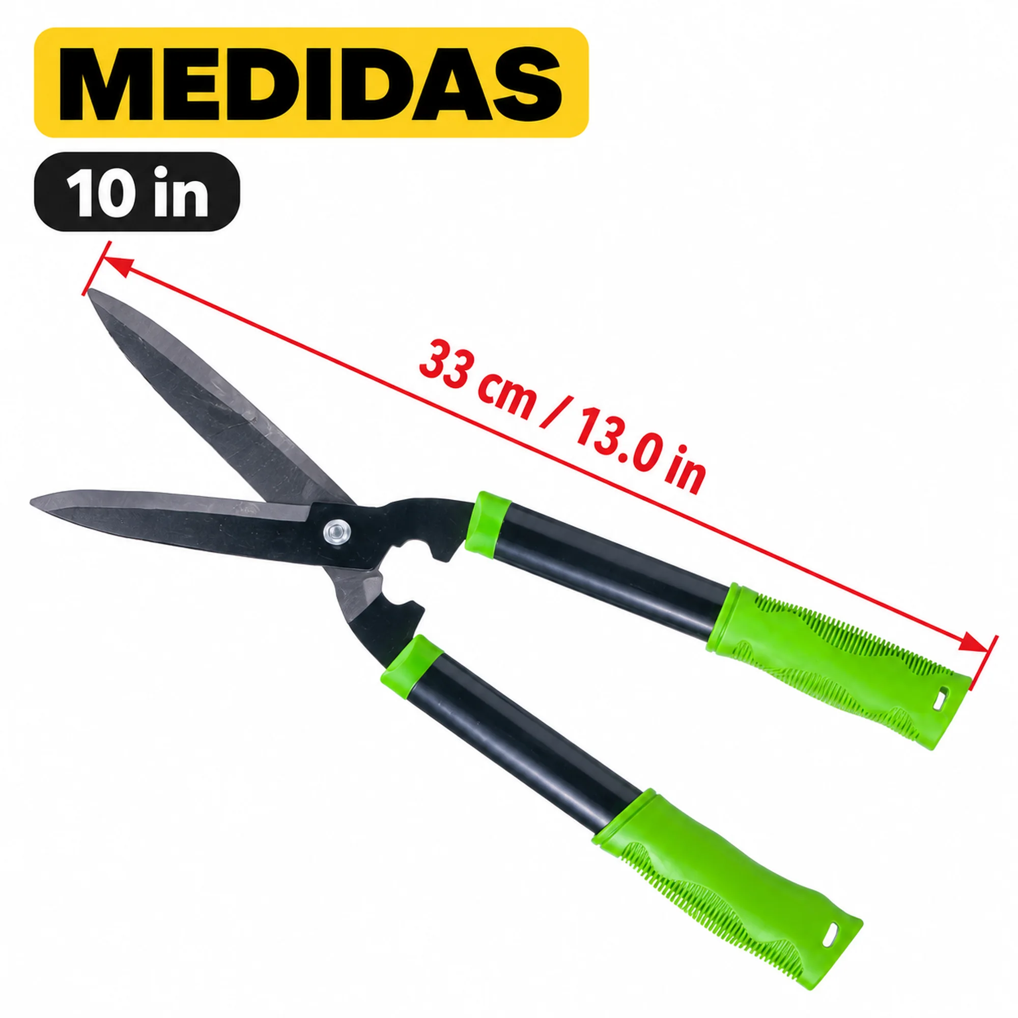 Medida total de 33 cm de las tijeras compactas de jardín de 10 pulgadas.