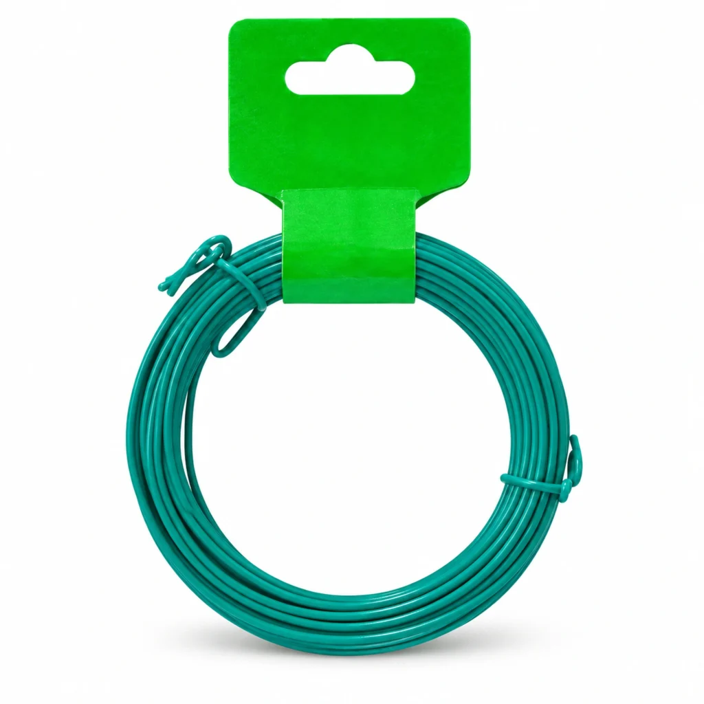 Rollo compacto de alambre verde para jardín de 1.8 mm por 10 m sobre fondo blanco.