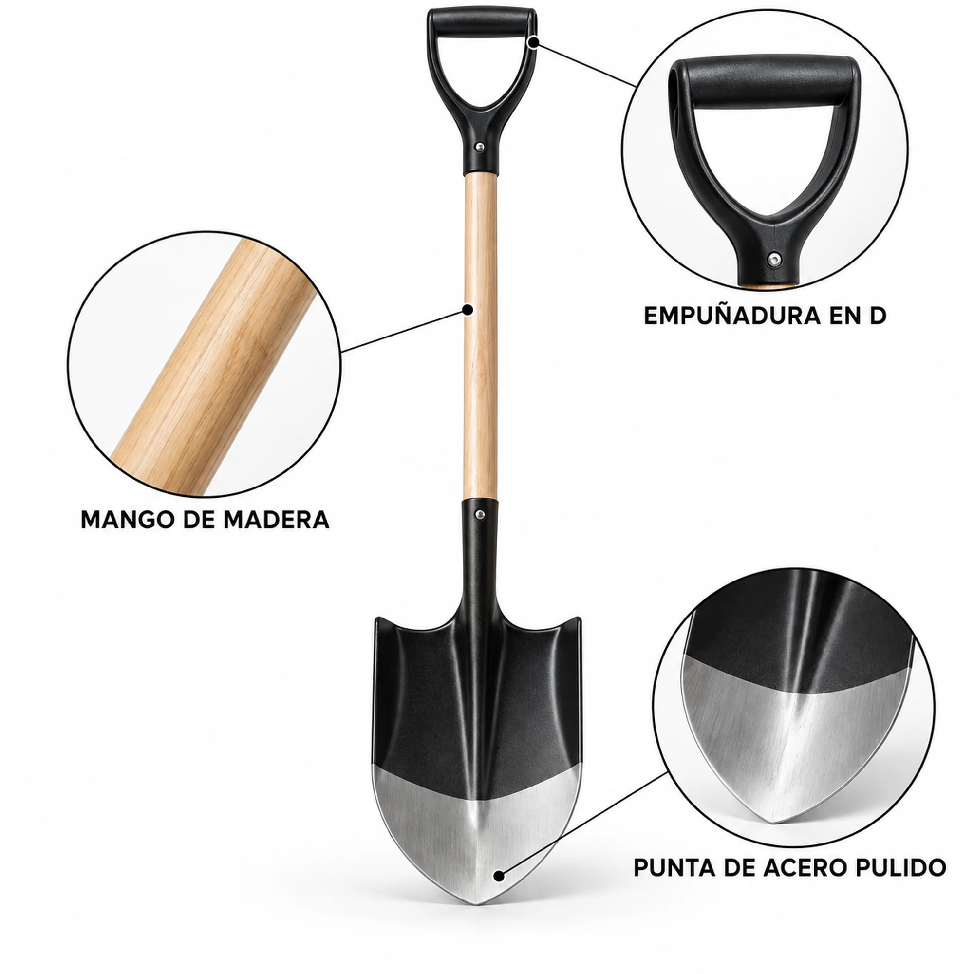 Pala de punta con mango de madera y filo pulido, 100 cm – SKU 40094 - Imagen 2