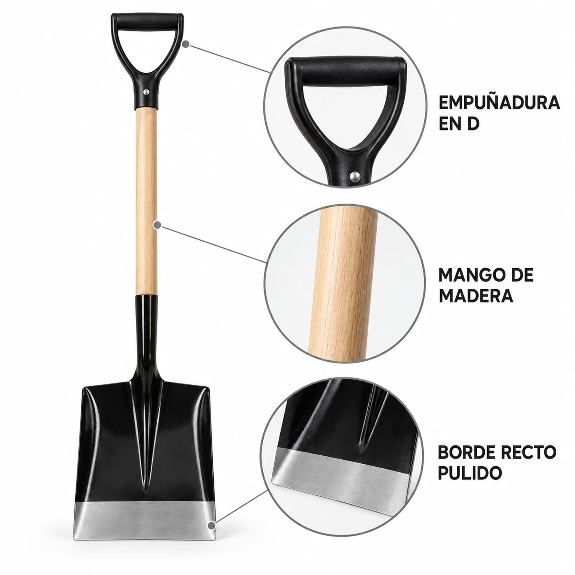 Pala cuadrada con mango de madera y borde pulido, 100 cm – SKU 40095 - Imagen 2