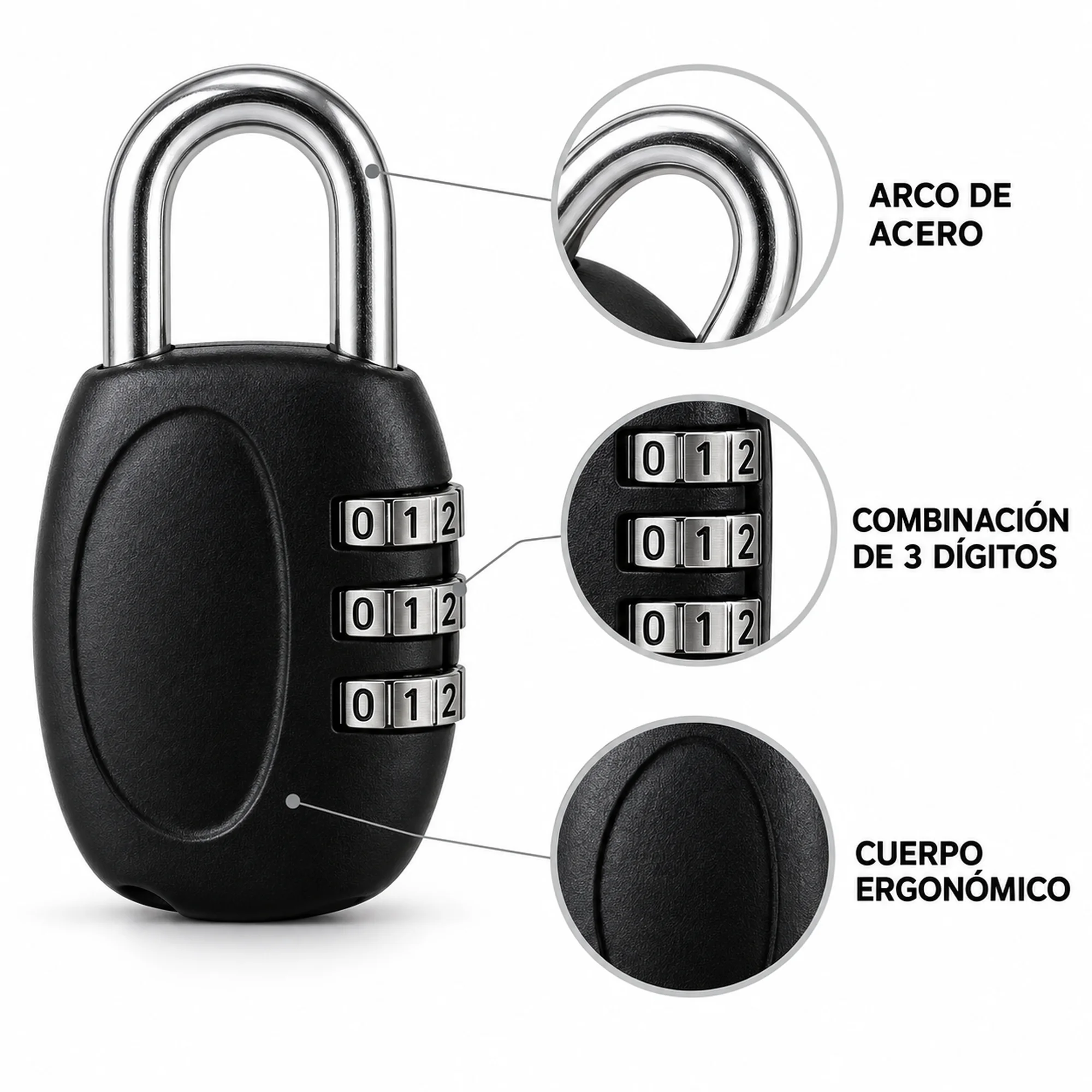 Candado negro BR41 con combinación de 3 dígitos, 62 × 29 × 13 mm – SKU 41002 - Imagen 2