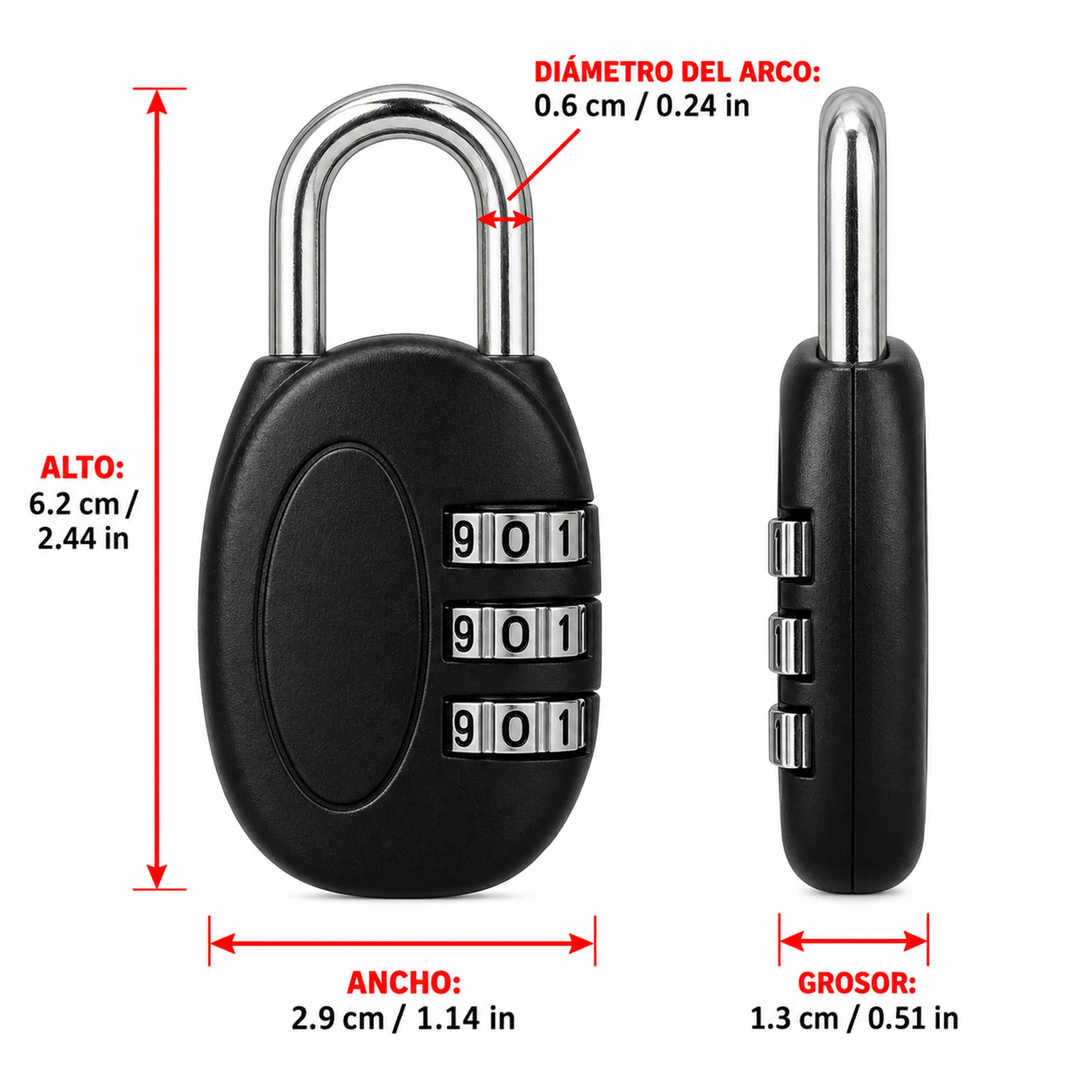 Candado negro BR41 con combinación de 3 dígitos, 62 × 29 × 13 mm – SKU 41002 - Imagen 3