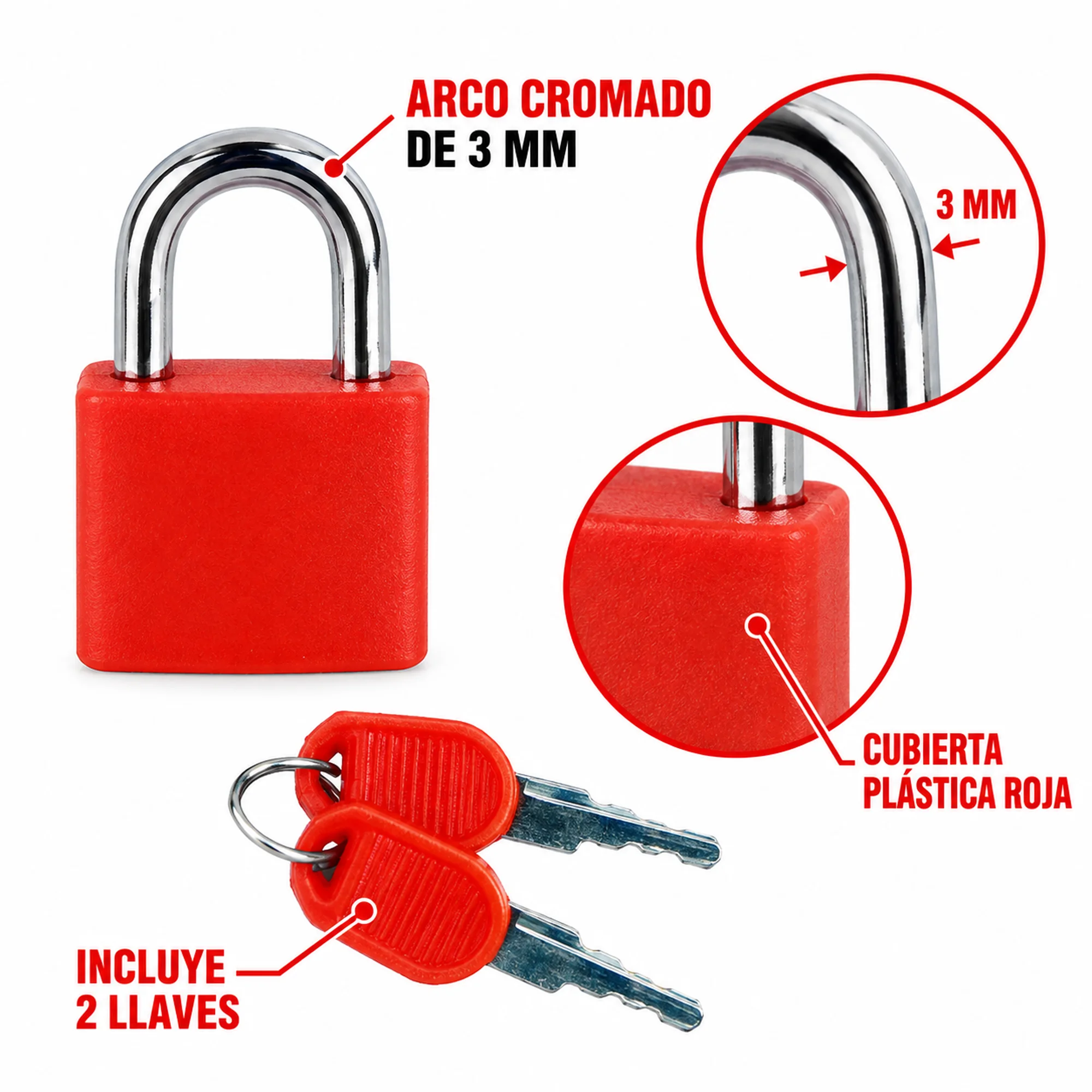 Candado compacto con cubierta plástica roja – SKU 41006 - Imagen 2