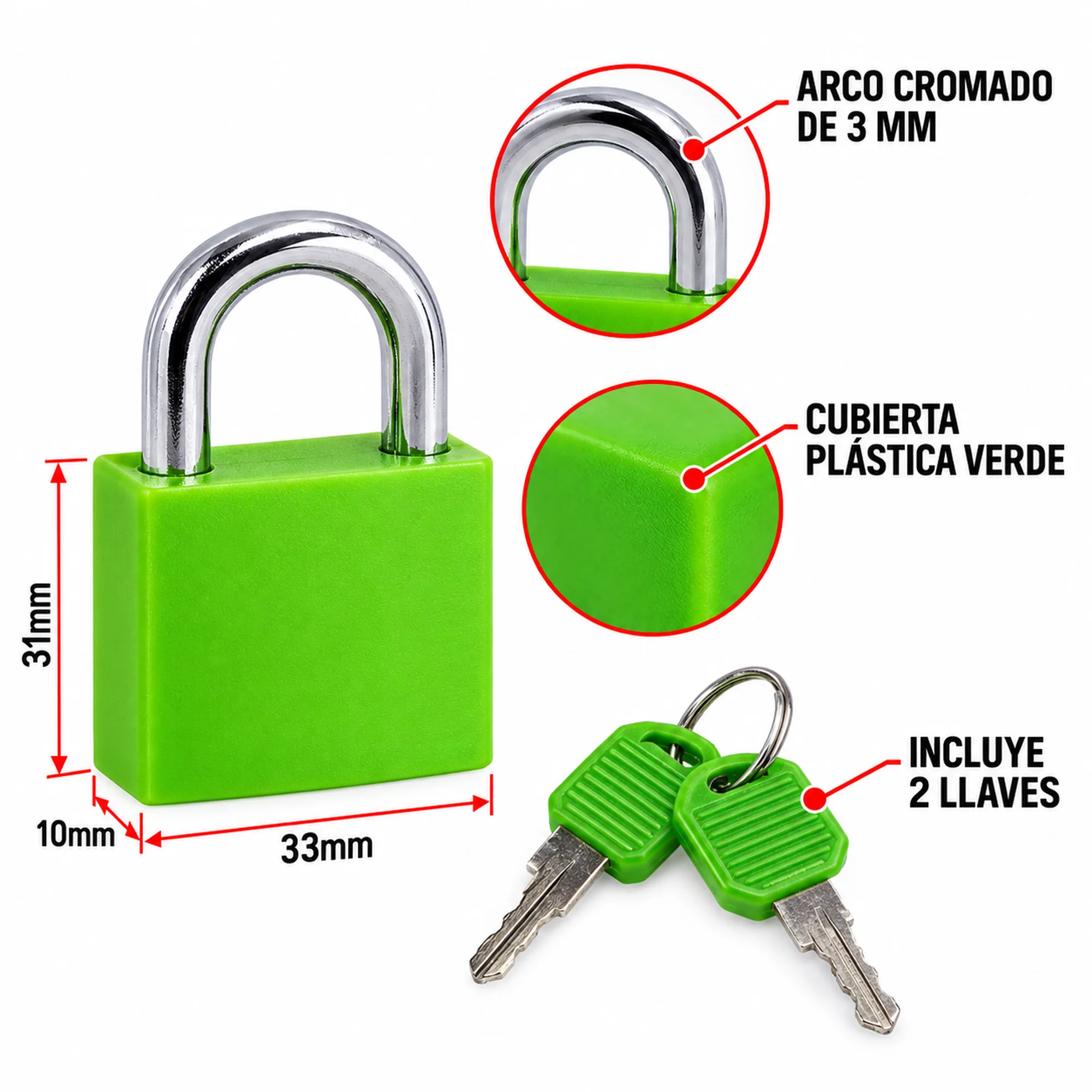 Candado compacto con cubierta plástica verde – SKU 41007 - Imagen 2