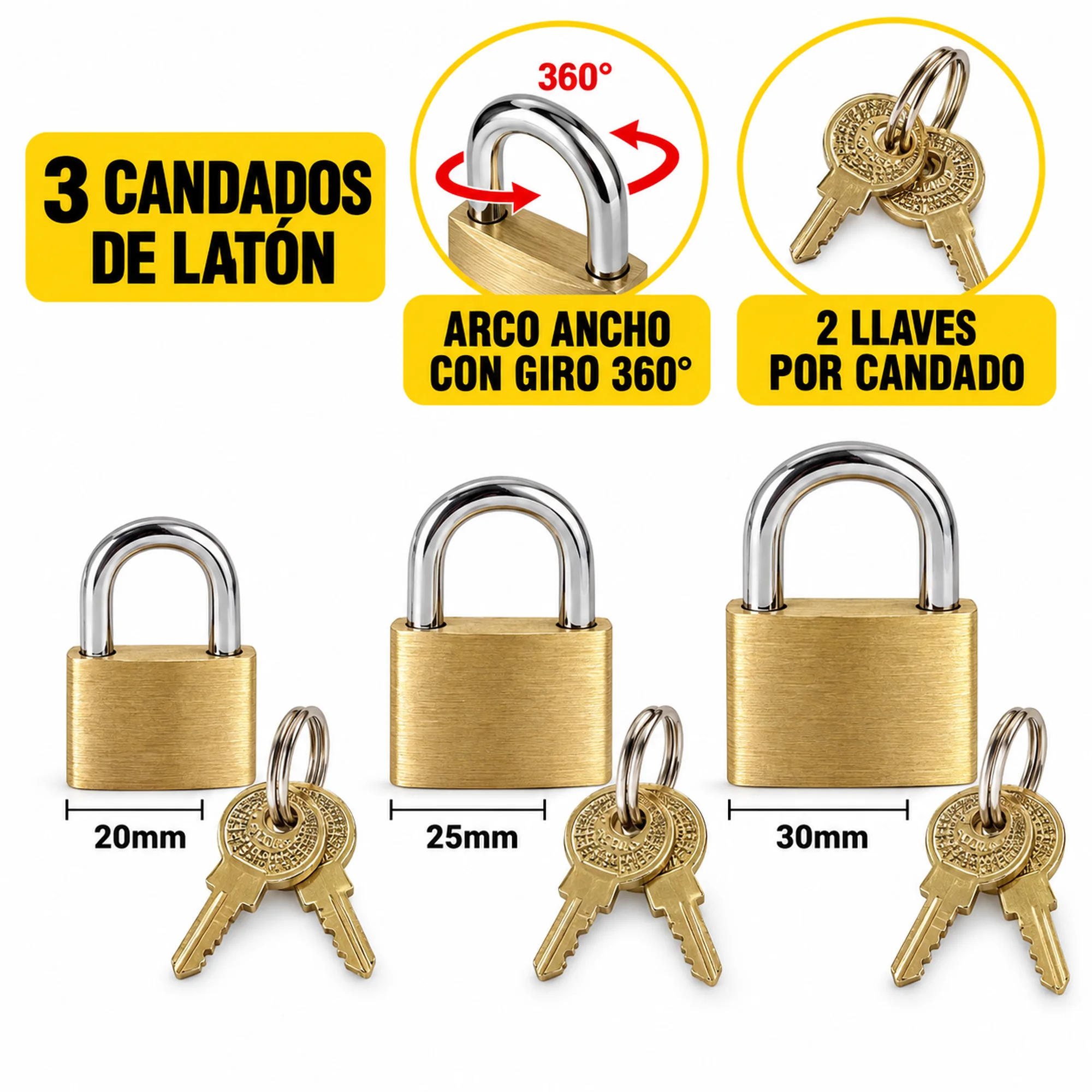 Set de 3 candados de latón 20/25/30 mm – SKU 41008 - Imagen 2