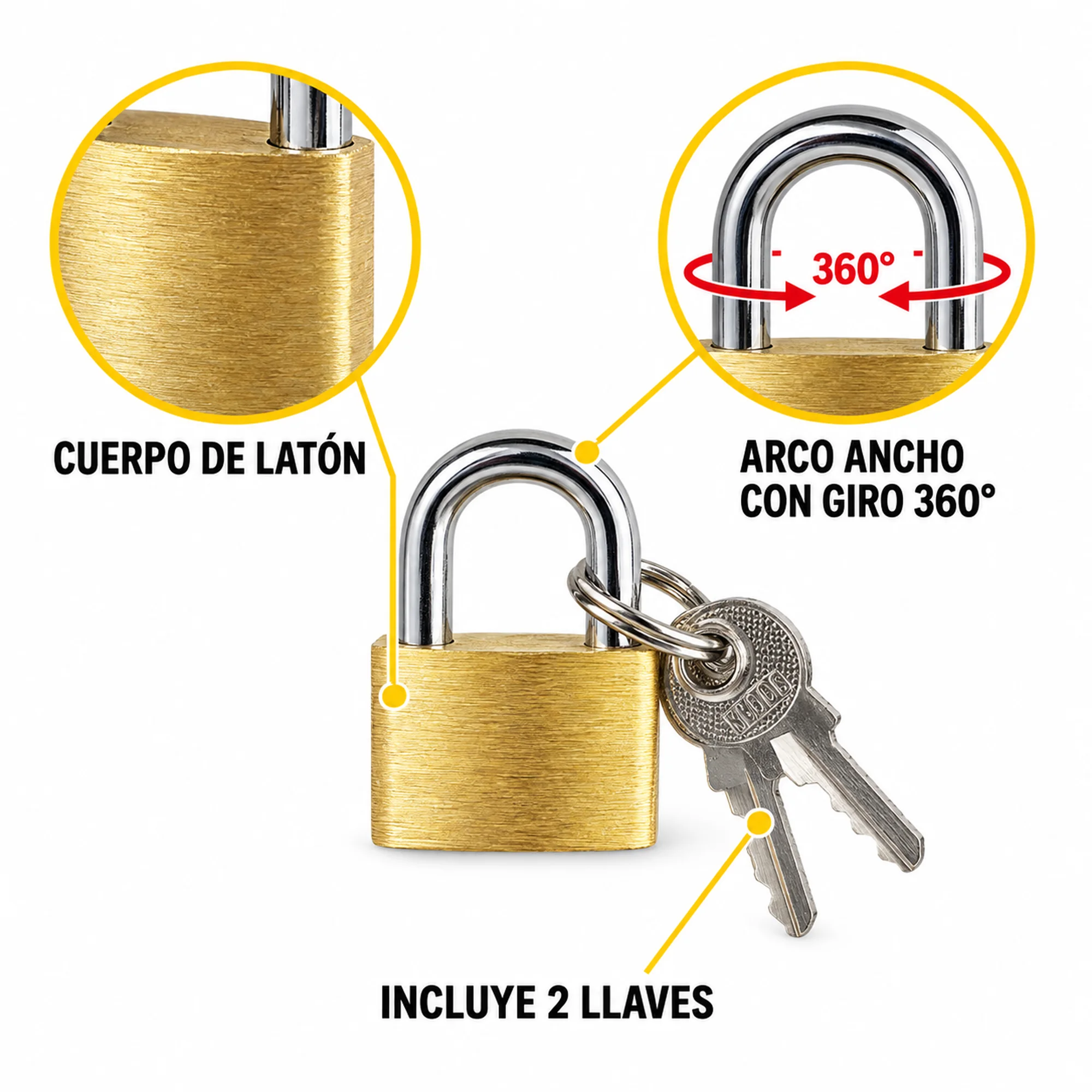 Candado de latón con arco ancho 20 mm – SKU 41009 - Imagen 2