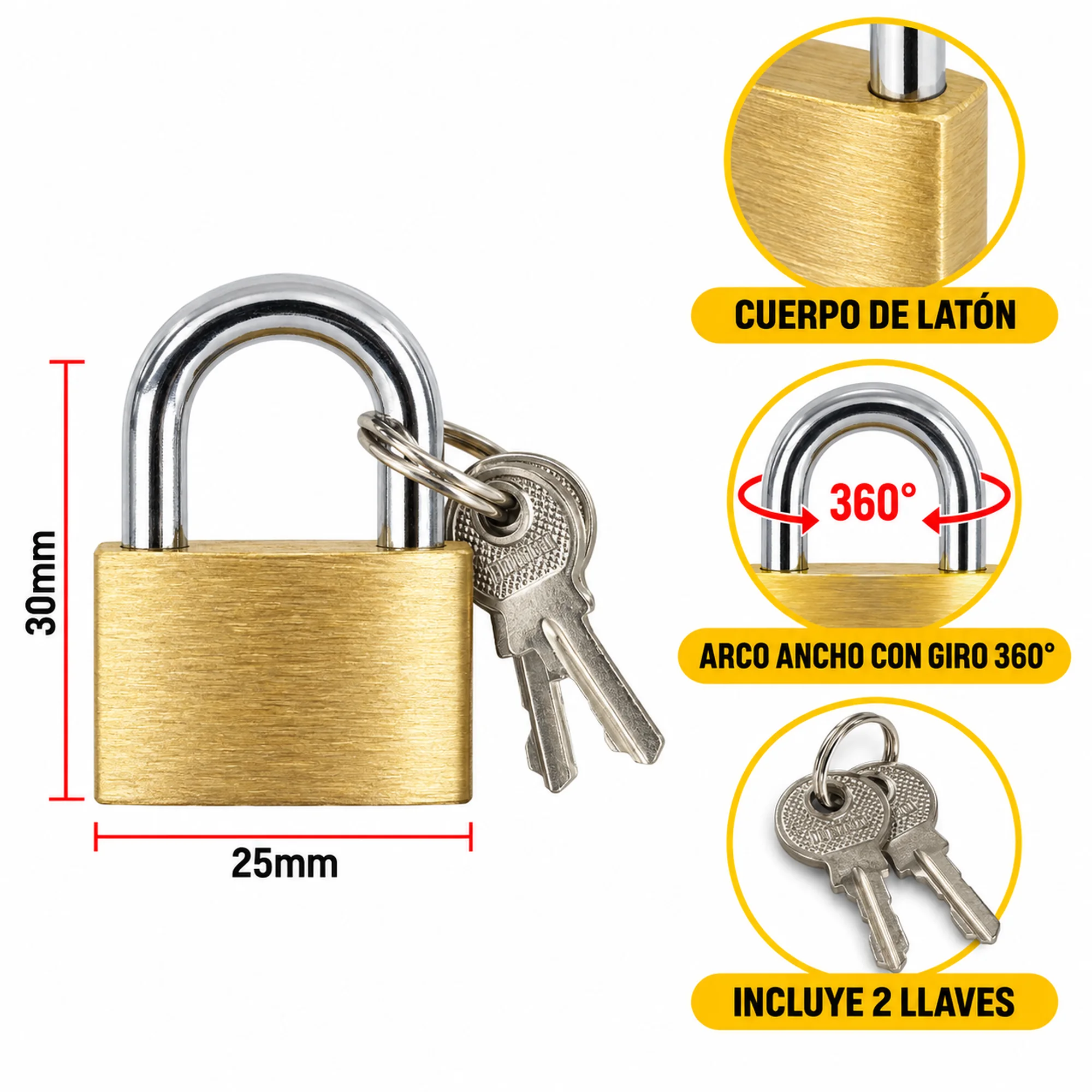 Candado de latón con arco ancho 25 mm – SKU 41010 - Imagen 2