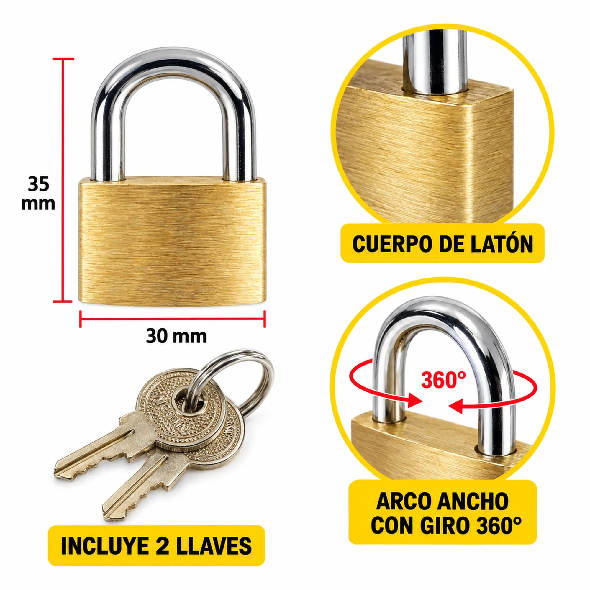 Candado de latón con arco ancho 30 mm – SKU 41011 - Imagen 2