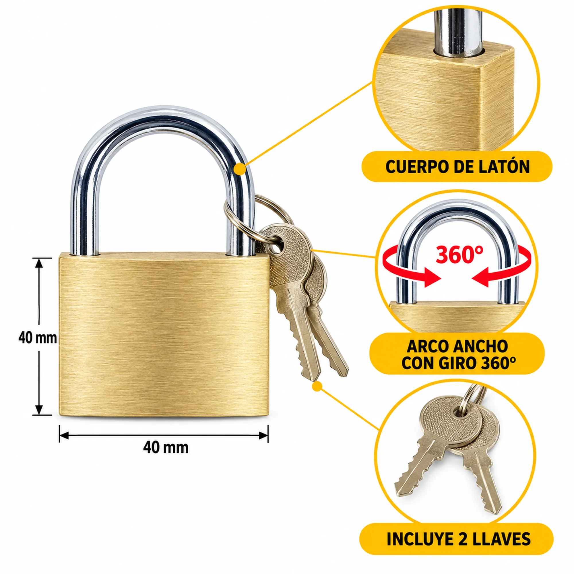 Candado de latón con arco ancho 40 mm – SKU 41012 - Imagen 2