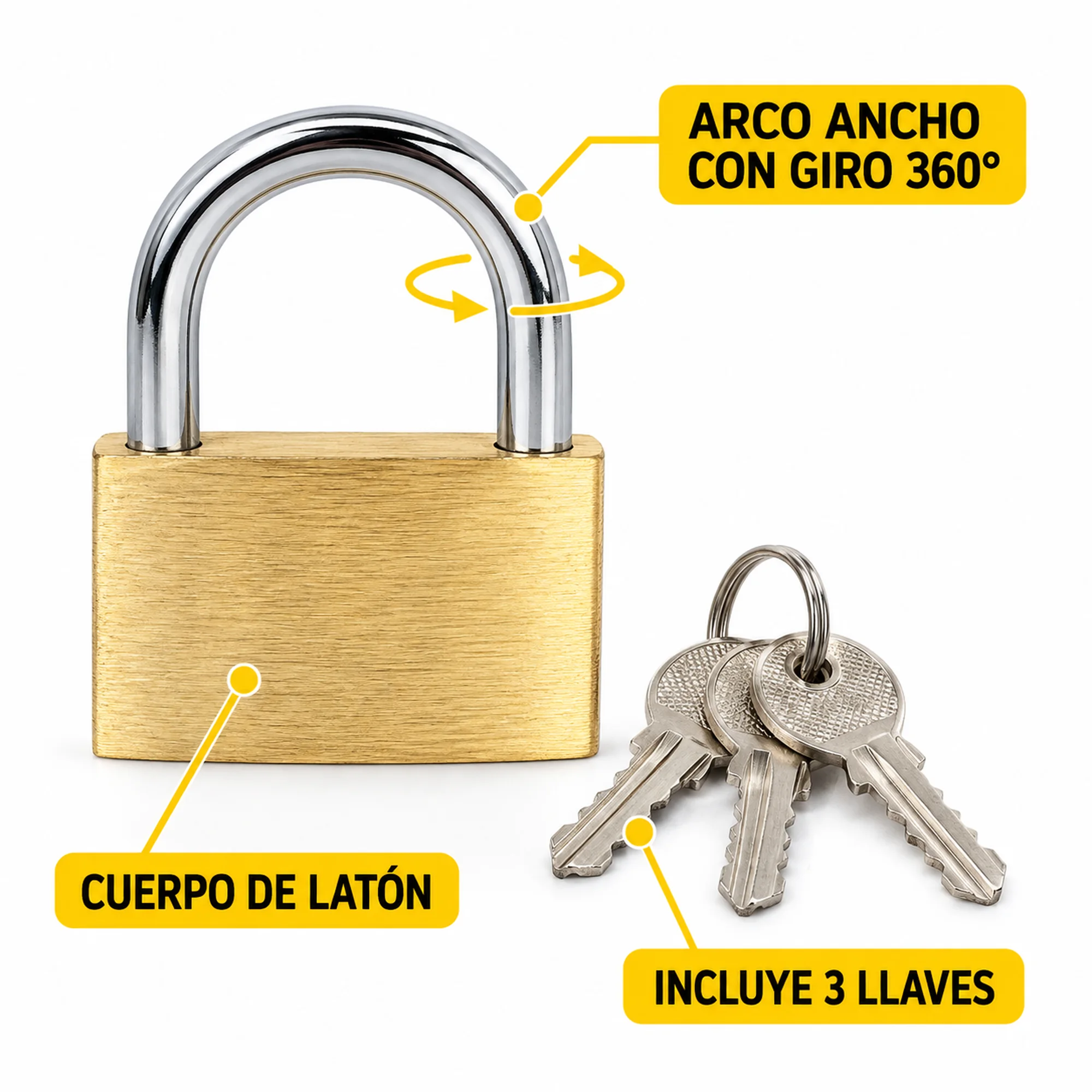 Candado de latón con arco ancho 50 mm – SKU 41013 - Imagen 2