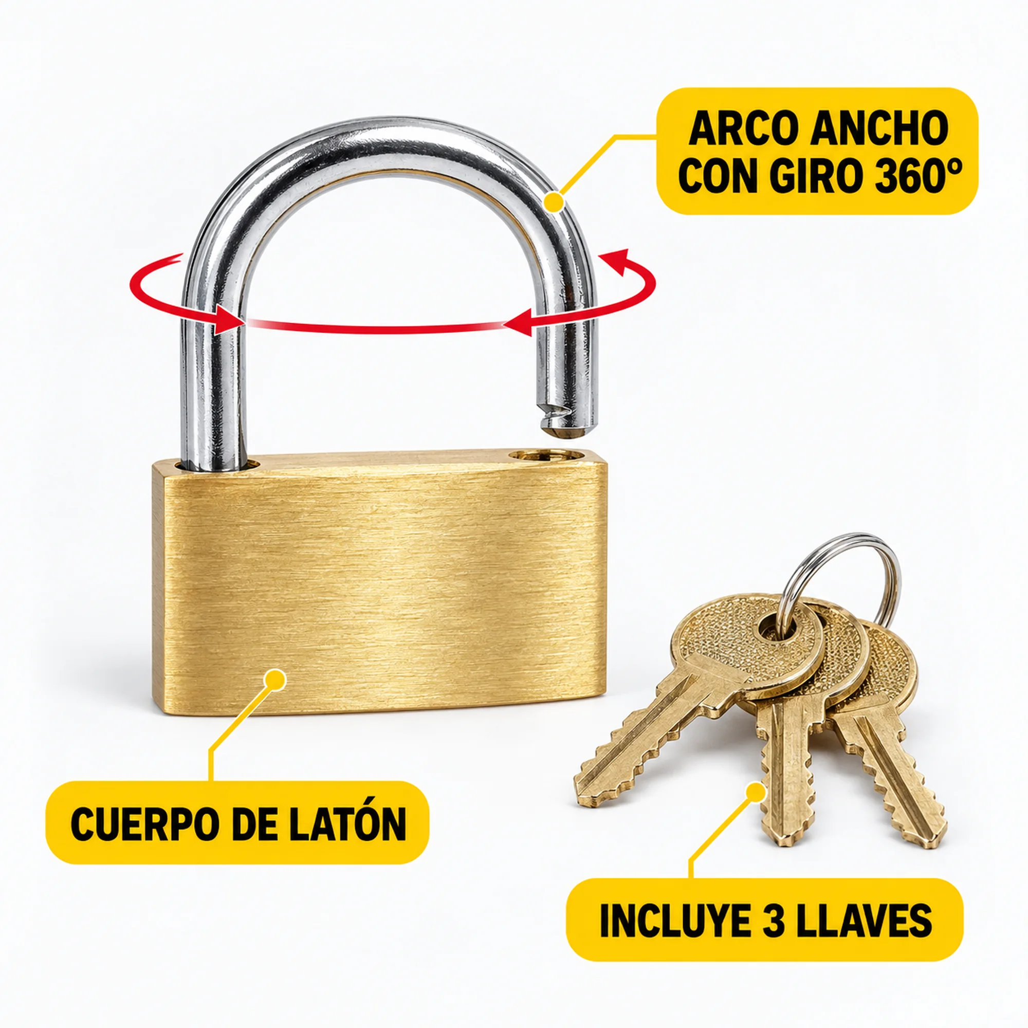 Candado de latón con arco ancho 60 mm – SKU 41014 - Imagen 2