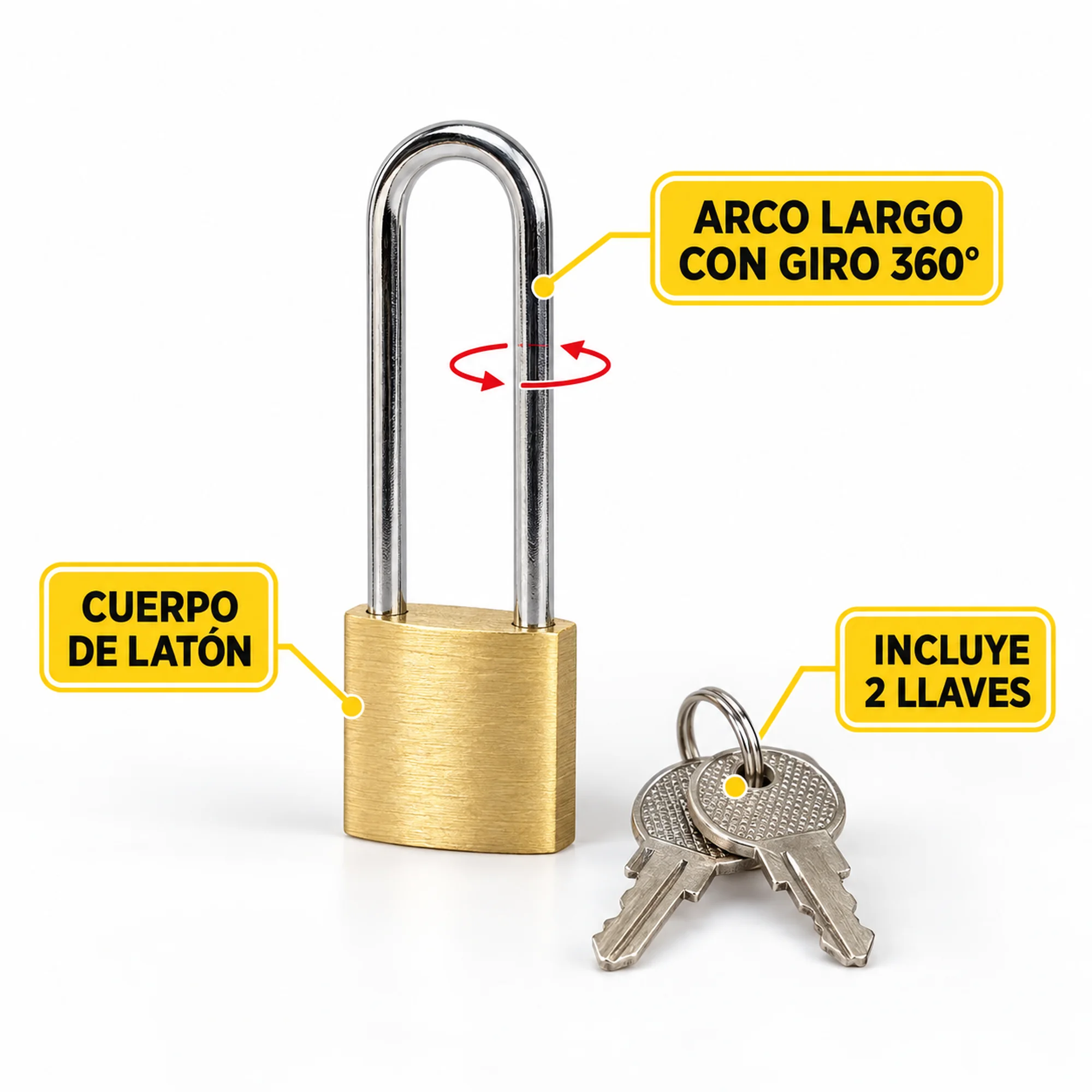 Candado de latón con arco largo 20 mm – SKU 41015 - Imagen 2
