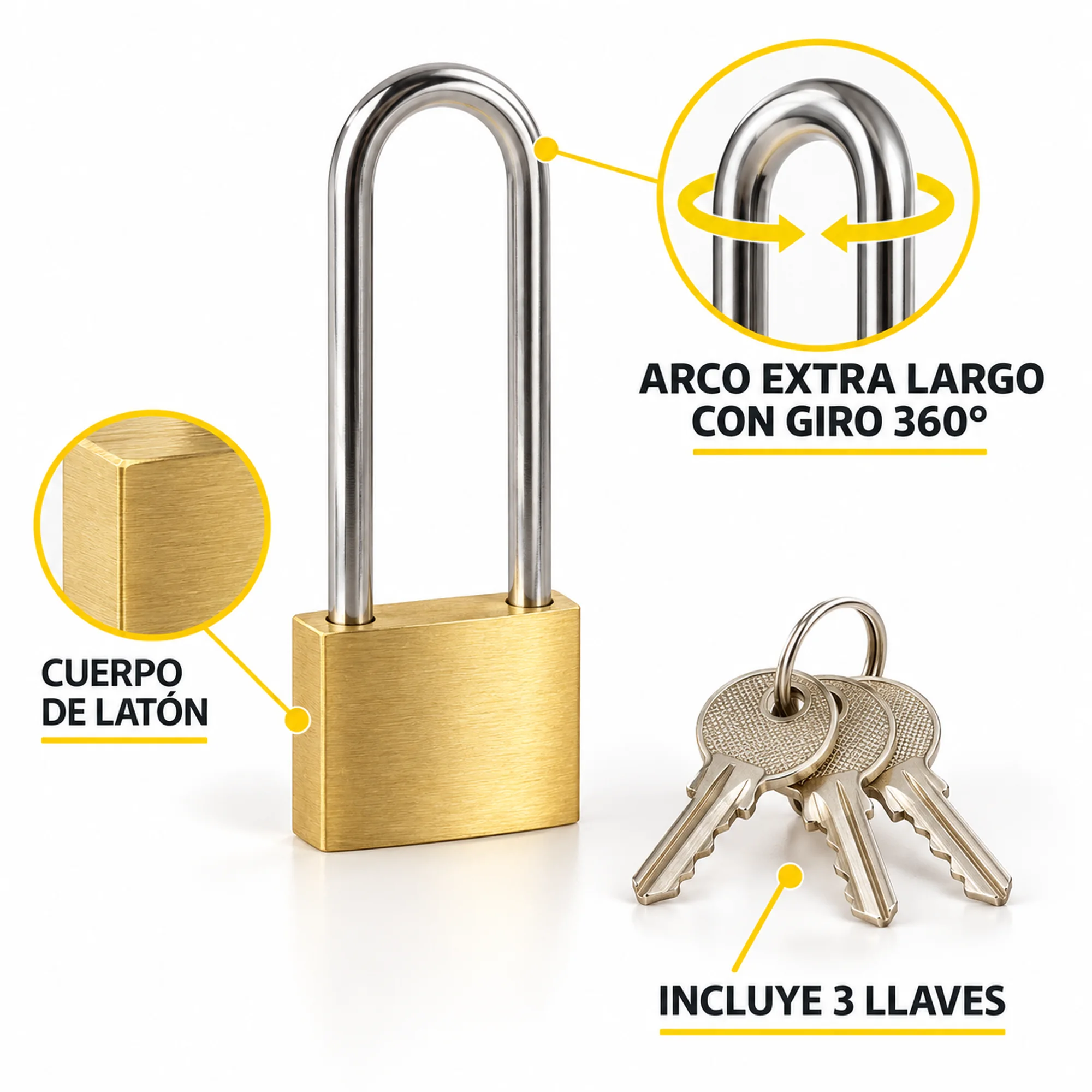 Candado de latón con arco extra largo 50 mm – SKU 41019 - Imagen 2
