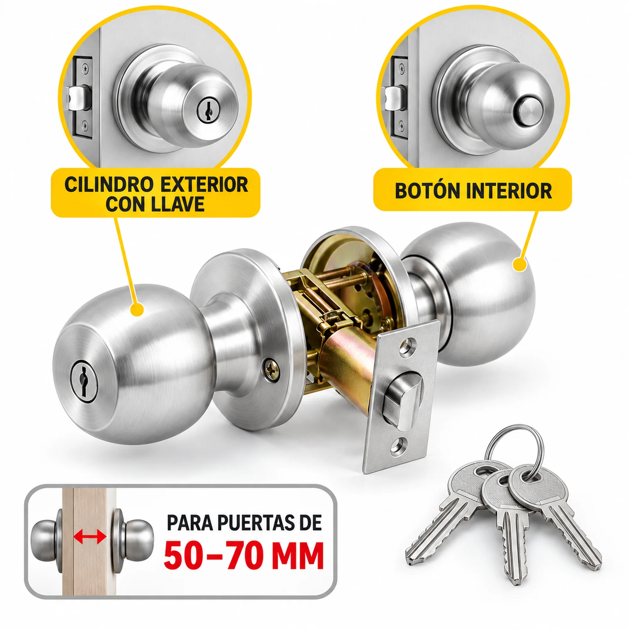 Cerradura de pomo redondo 607, versión media-larga – SKU 41032 - Imagen 2