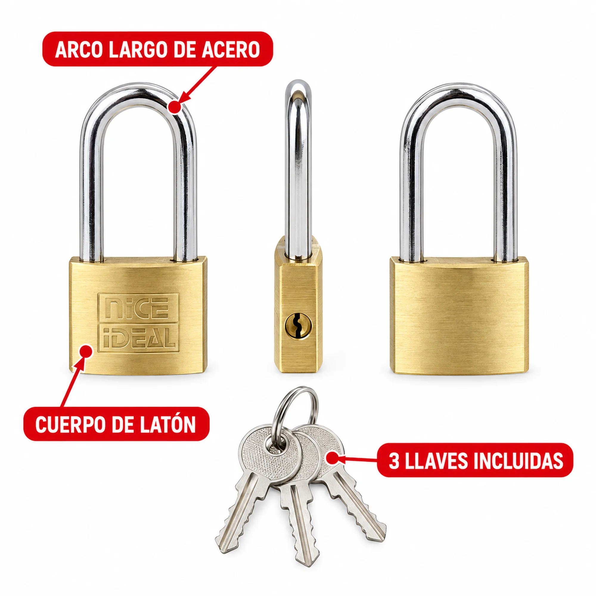 Candado de latón de 25 mm con arco largo – SKU 41040 - Imagen 2