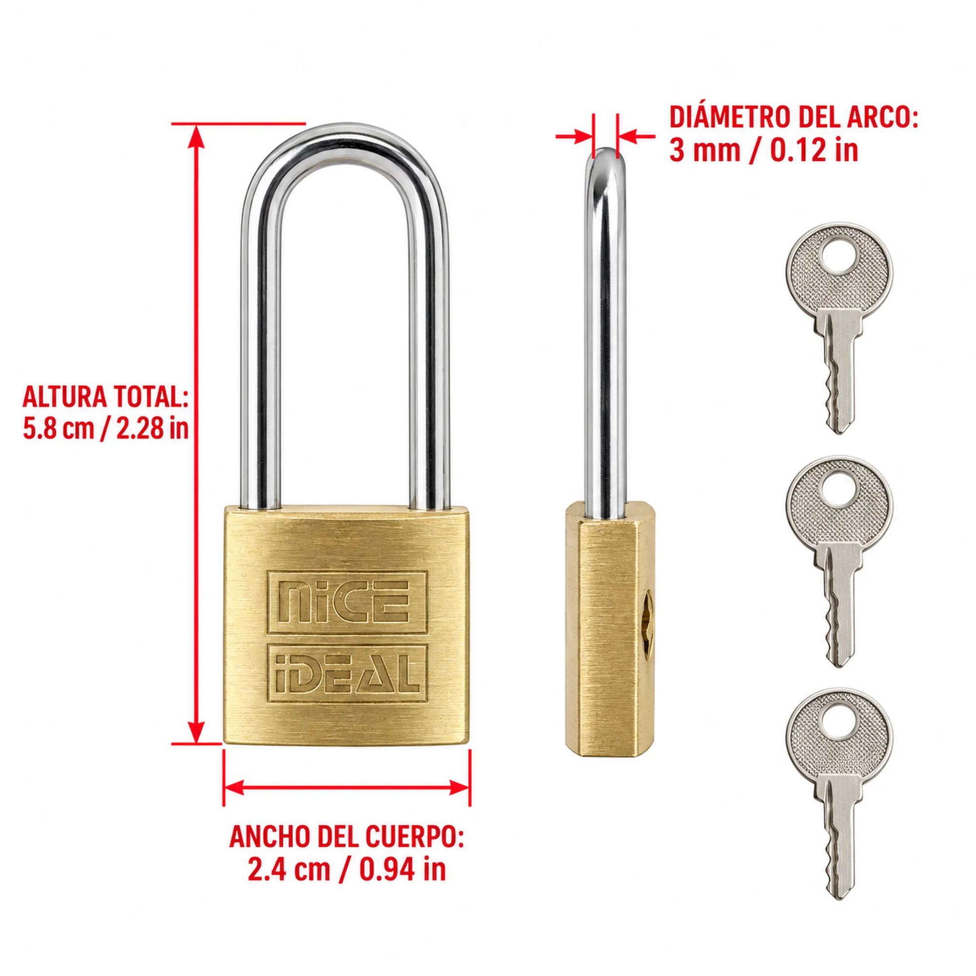 Candado de latón de 25 mm con arco largo – SKU 41040 - Imagen 3