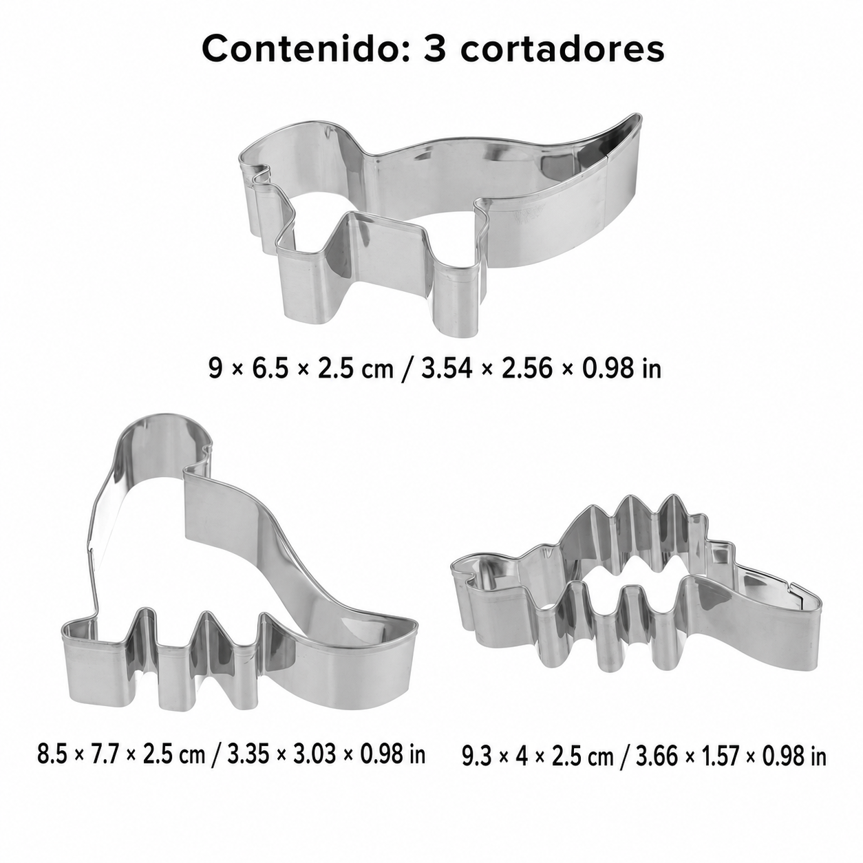 Set de cortadores de galletas de dinosaurios en acero inoxidable, 3 piezas - Imagen 4